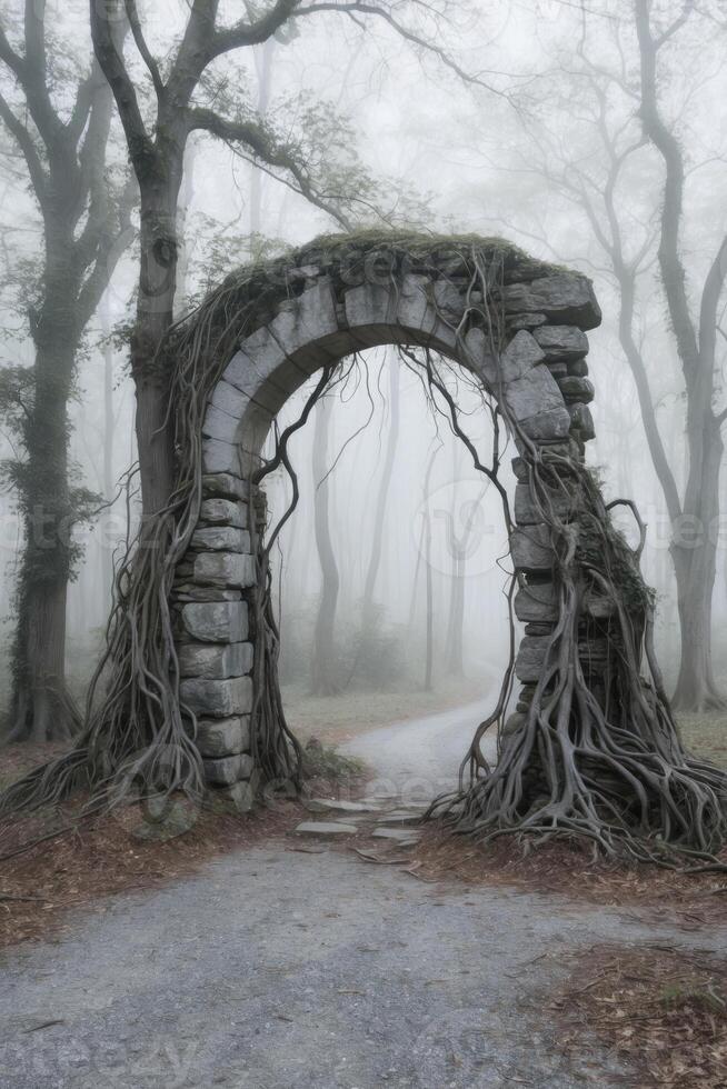 An archway in the woods with trees growing out of it photo