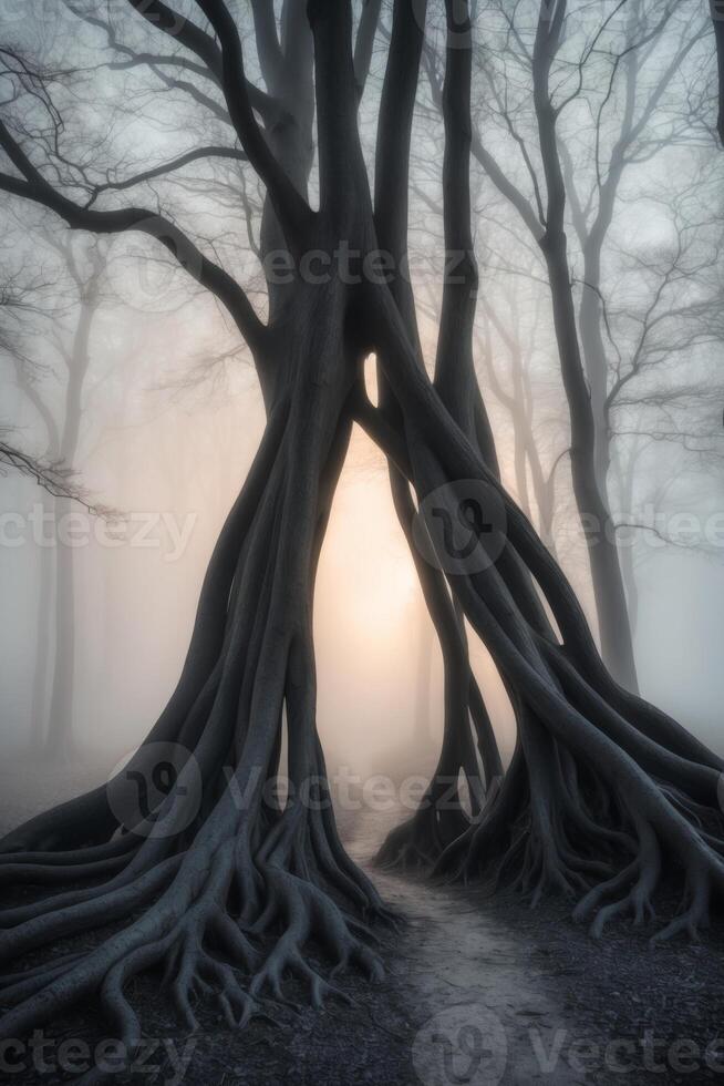 A path through a forest with trees with roots photo