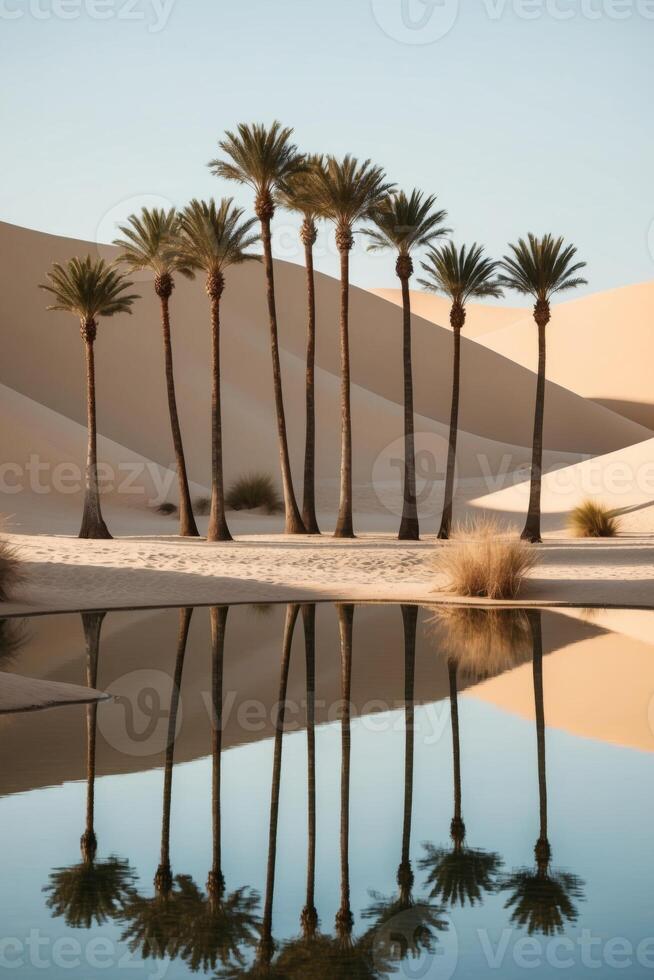 Palm trees in the desert with water reflecting in the sand photo
