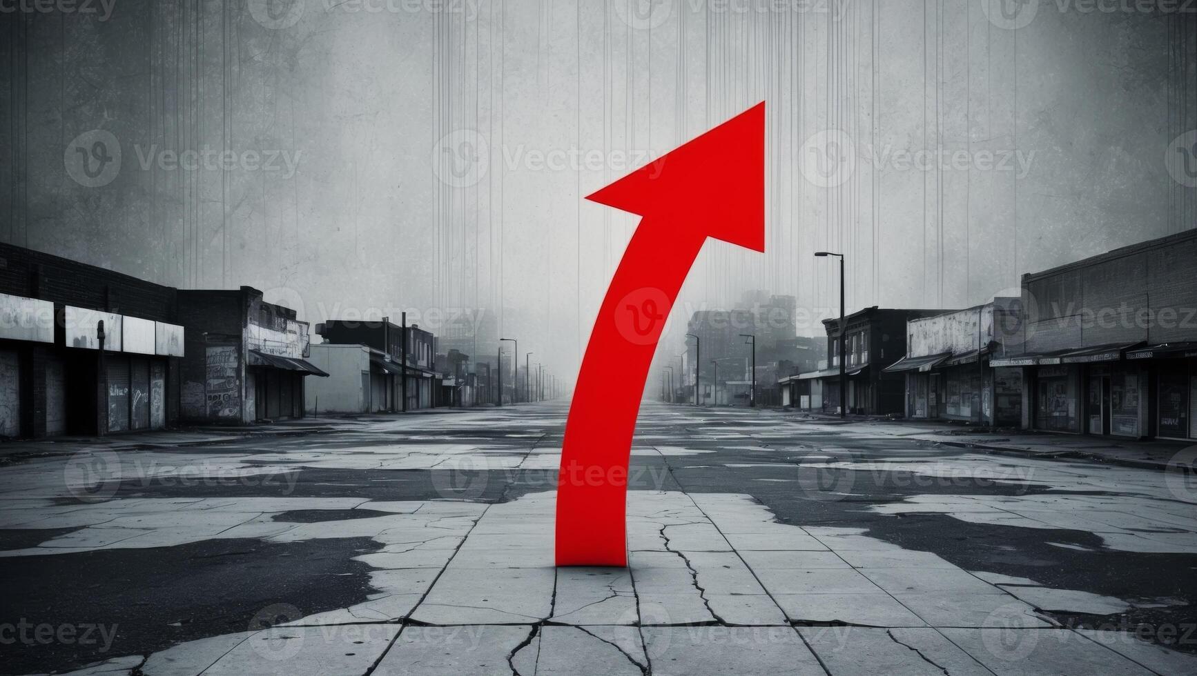 A red arrow pointing up in an empty street photo