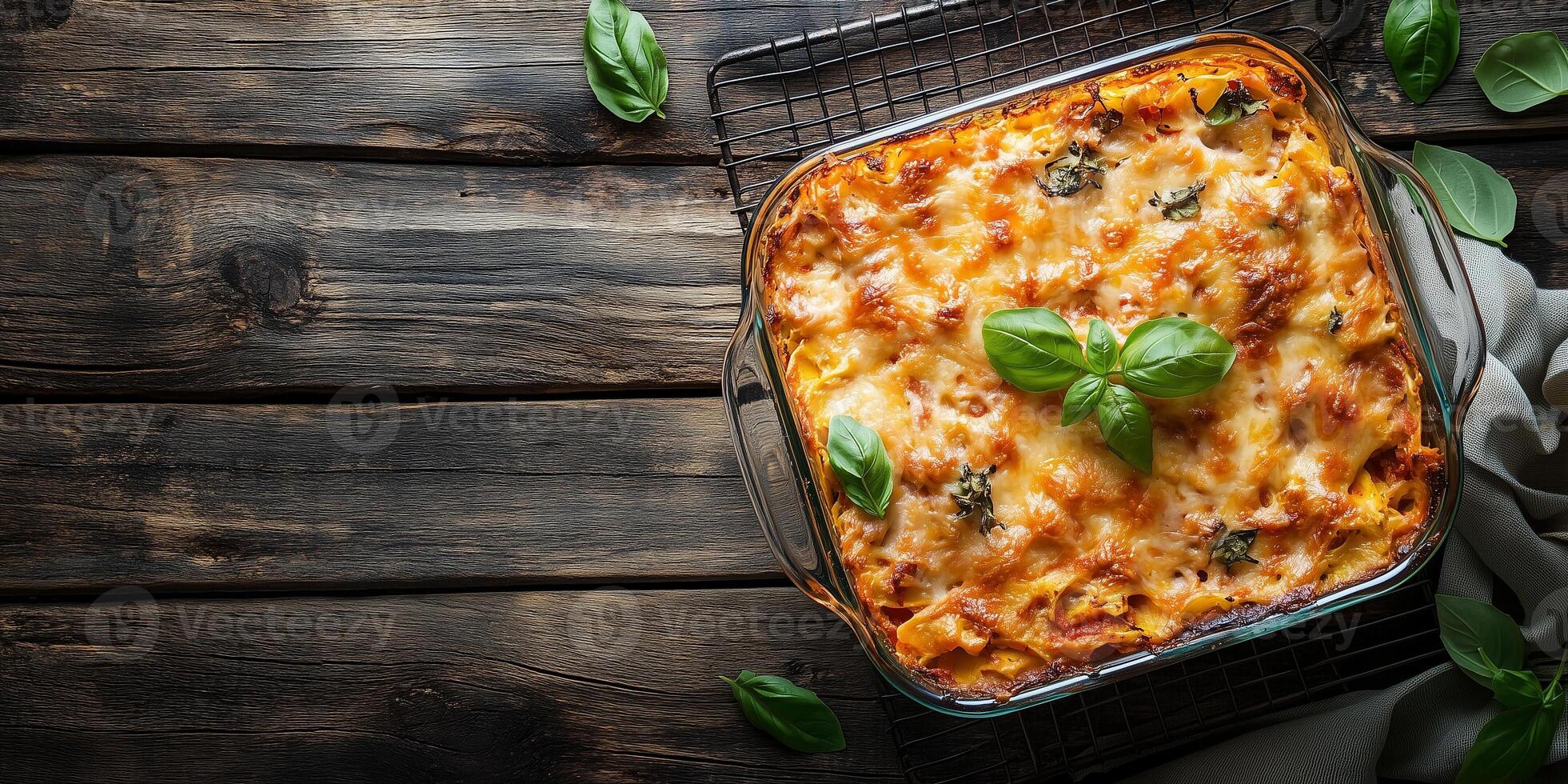Casserole dish cooling on a wire rack, fresh from the oven, culinary photography photo