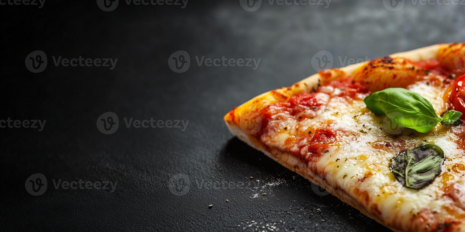 Close-up of Margherita pizza slice, highlighting cheese and tomato, culinary photography photo
