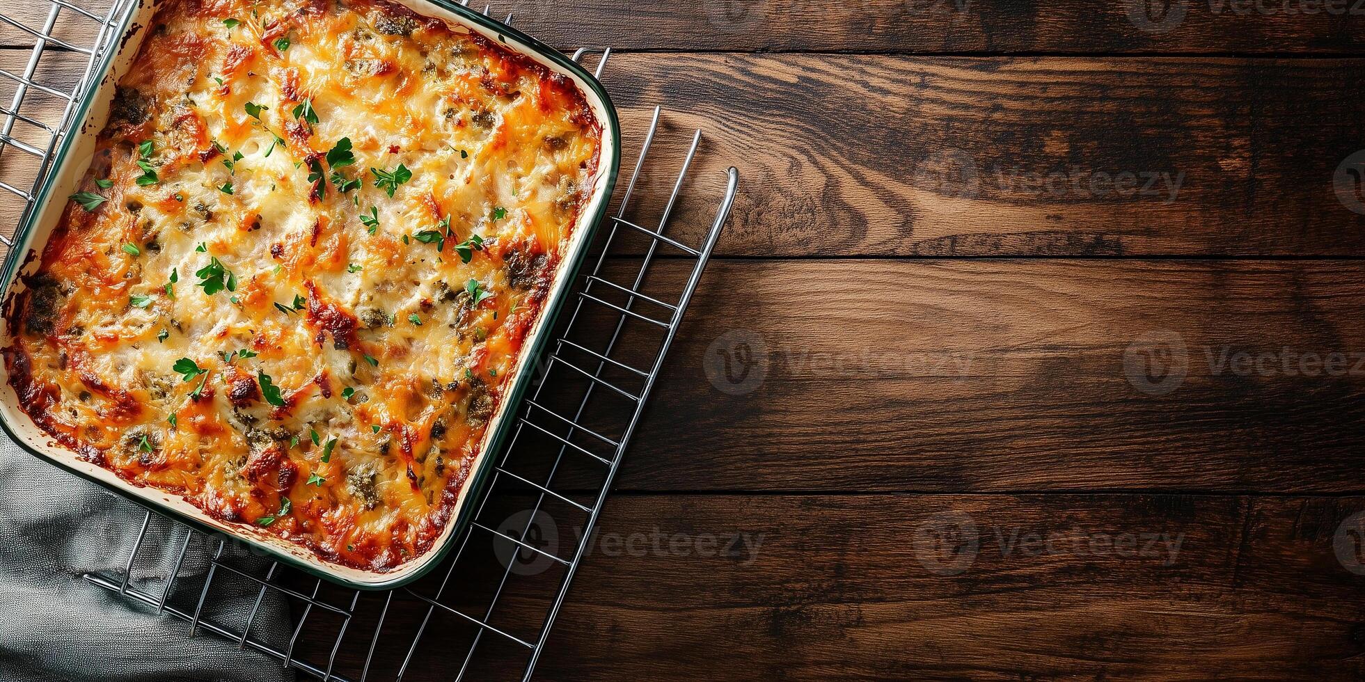 Casserole dish cooling on a wire rack, fresh from the oven, photorealistic food photo
