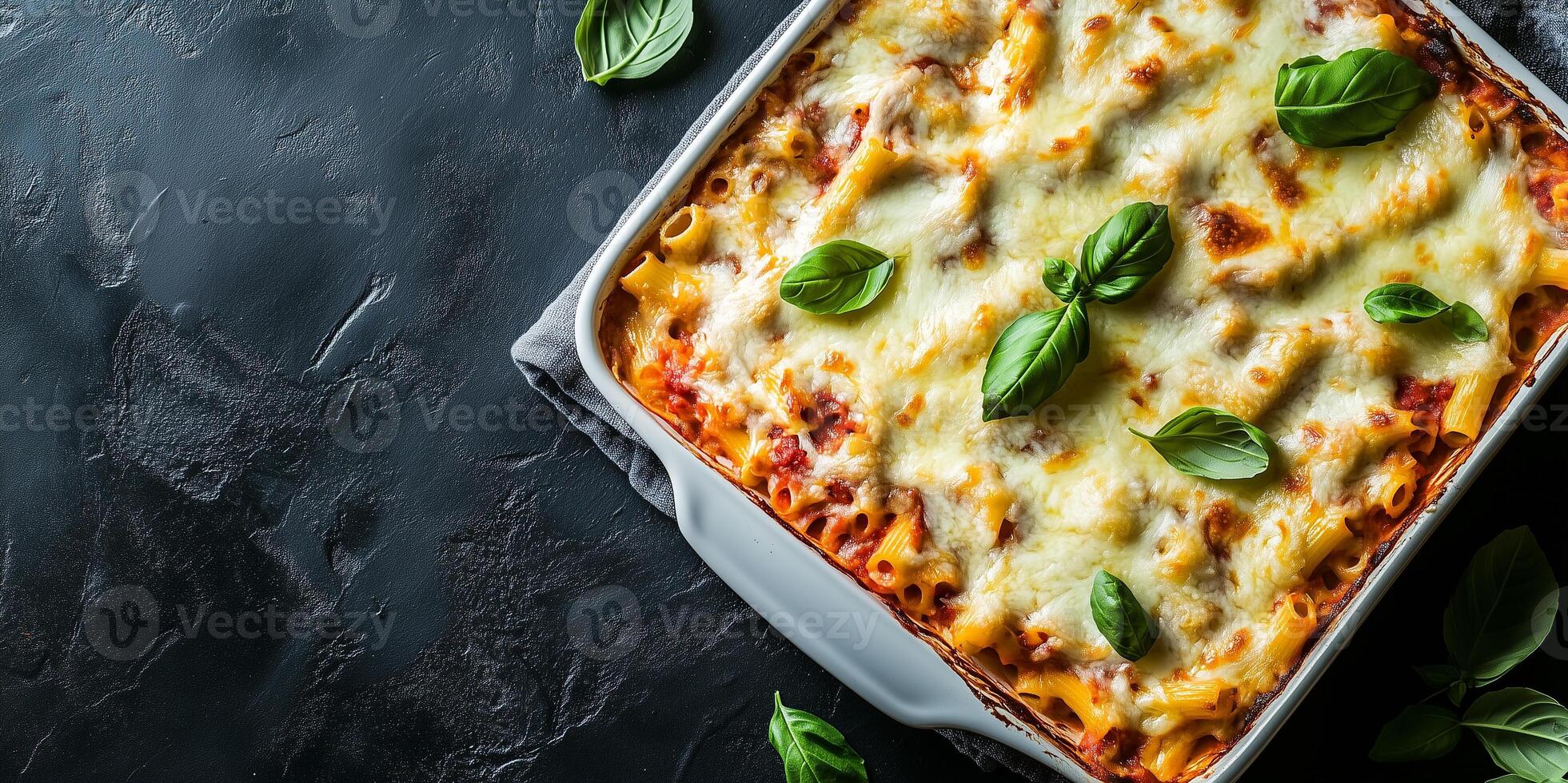 Baked ziti with an even layer of melted cheese on top, cooling after baking, meal photography photo