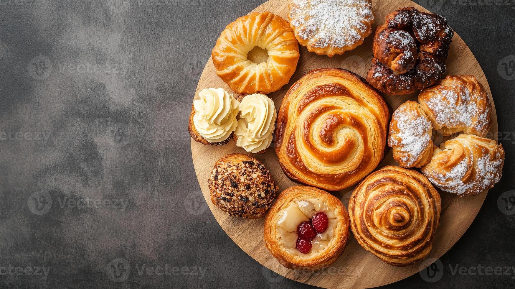 Top-down view of pastry assortment on a round wooden tray, food photography photo