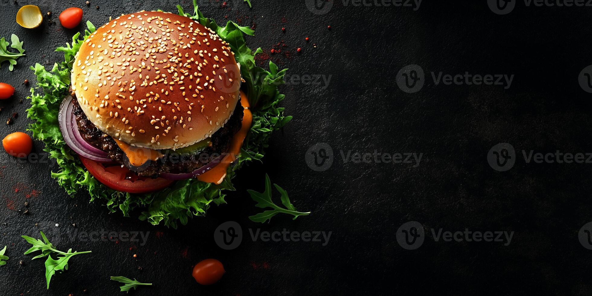 Gourmet burger with layers of fillings on a flat surface, food photography photo