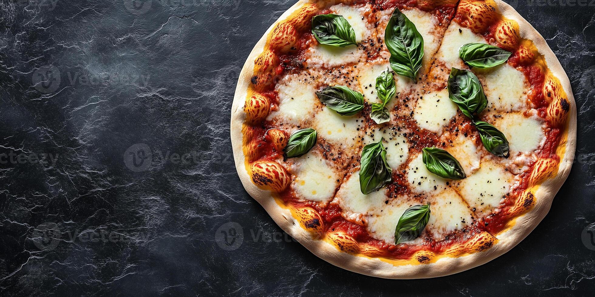 Top-down view of Margherita pizza with toppings arranged in a classic pattern, food photography photo