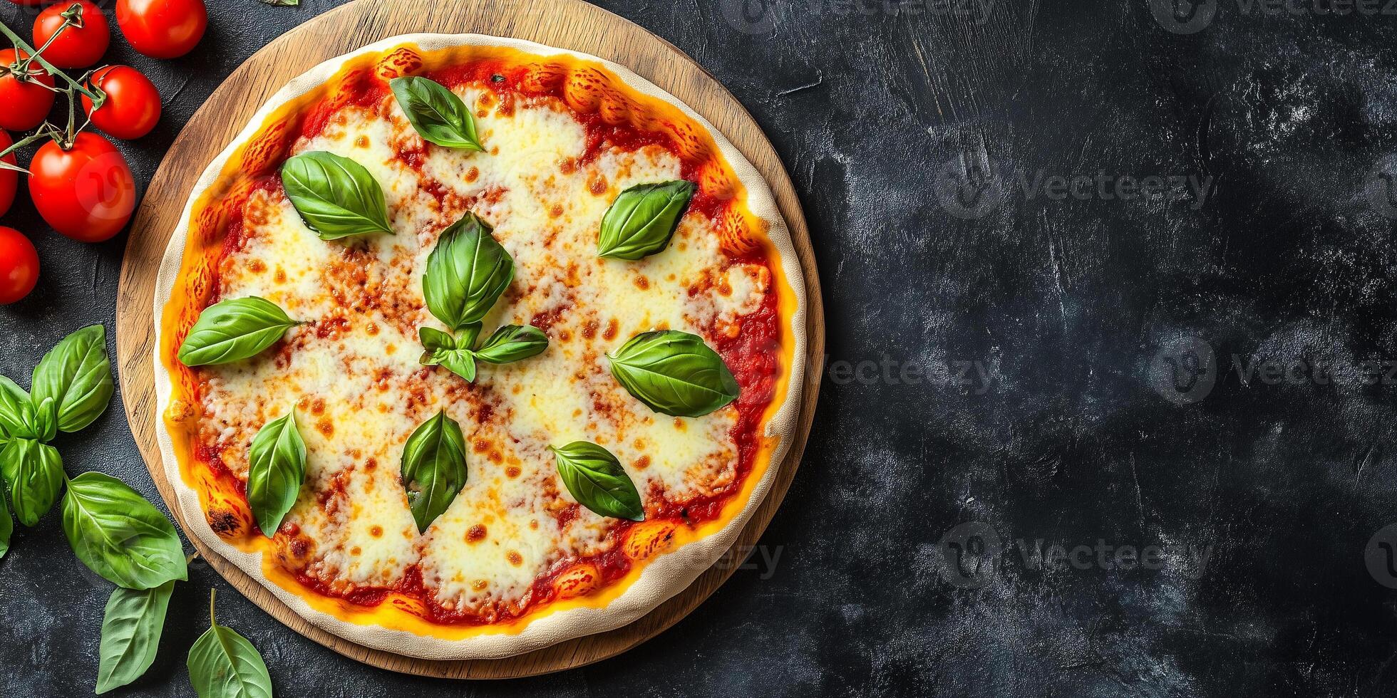 Top-down view of Margherita pizza with toppings arranged in a classic pattern, culinary photography photo