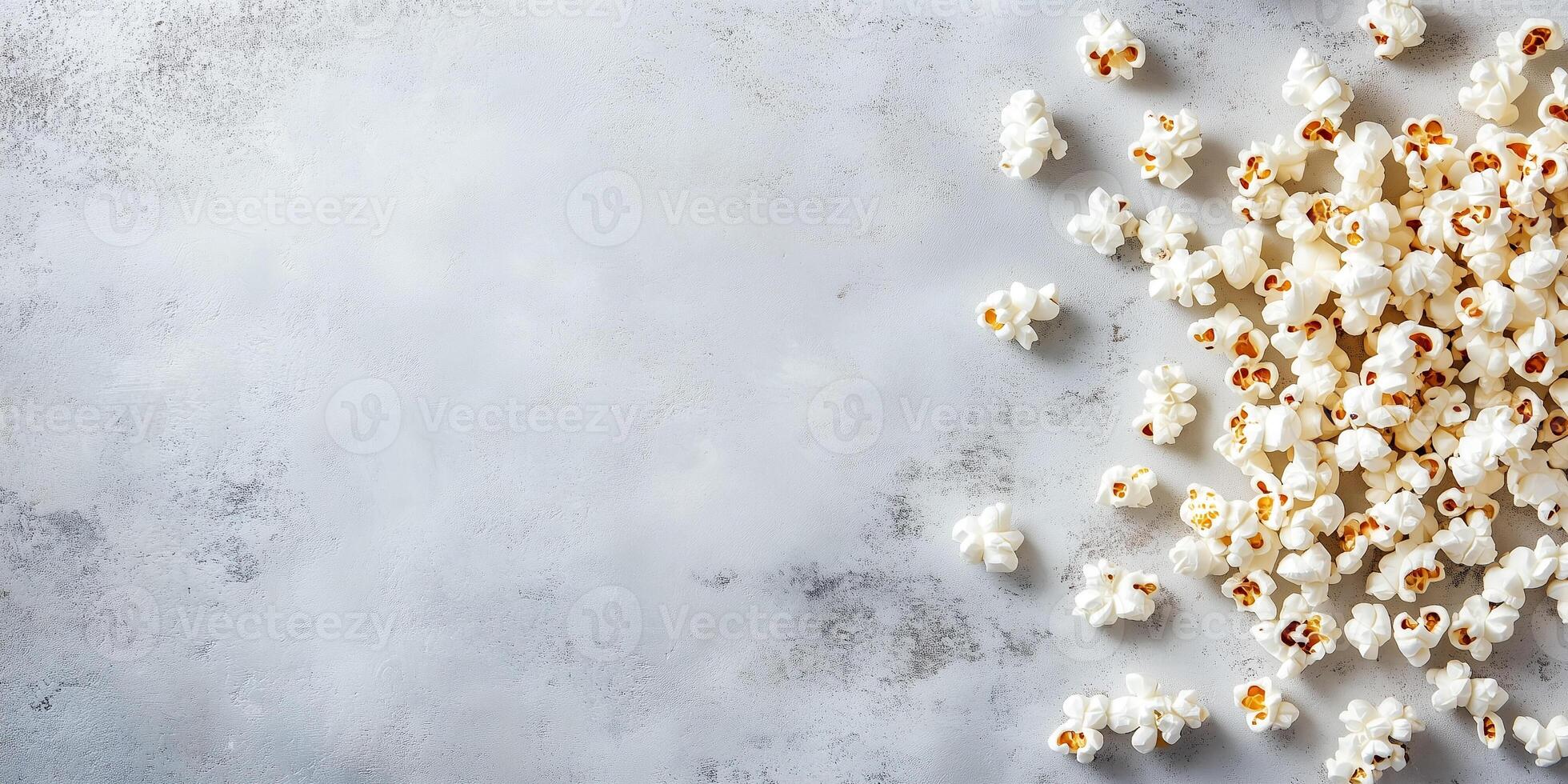 Buttered popcorn scattered on a flat surface with popped kernels visible, food photography photo