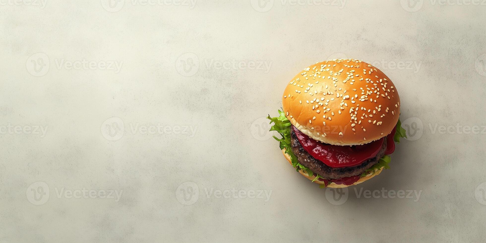 Burger with patty and fillings on a simple surface, culinary photography photo