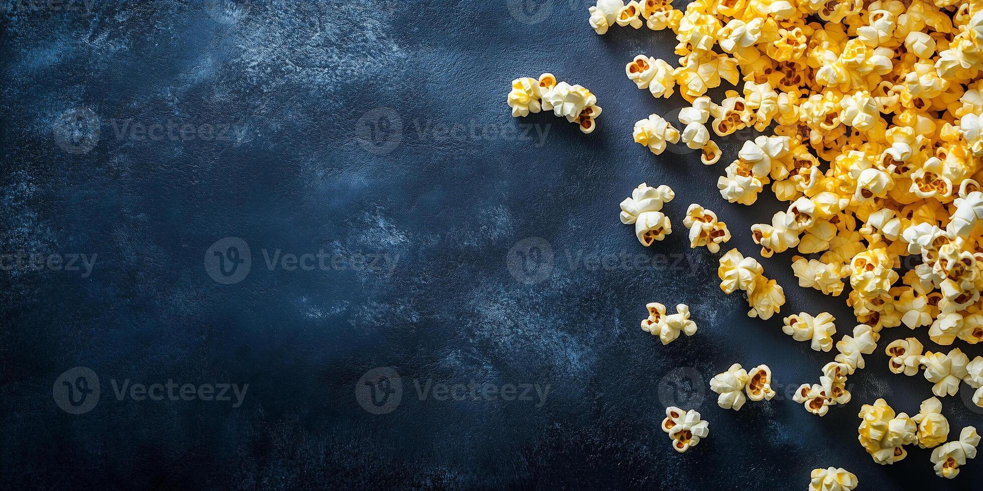 Buttered popcorn scattered on a flat surface with popped kernels visible, culinary photography photo