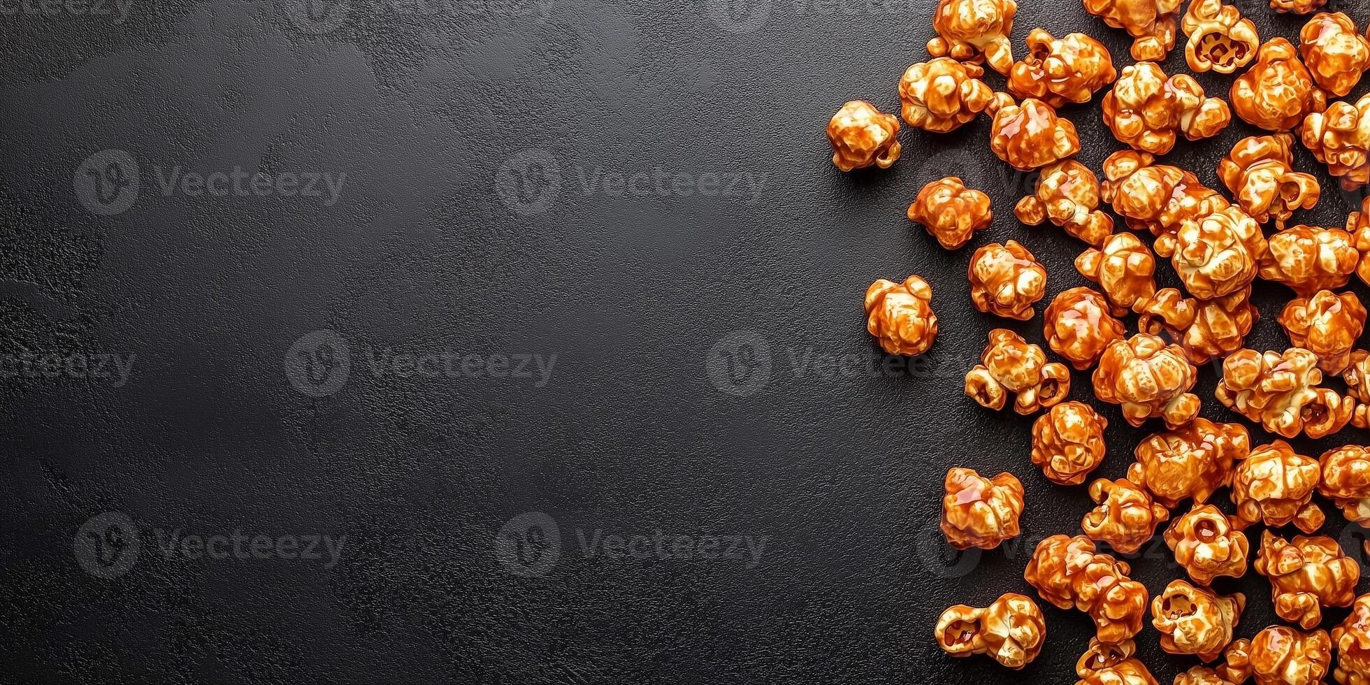 Caramel corn scattered on a flat surface, with coated popcorn kernels visible, food photography photo