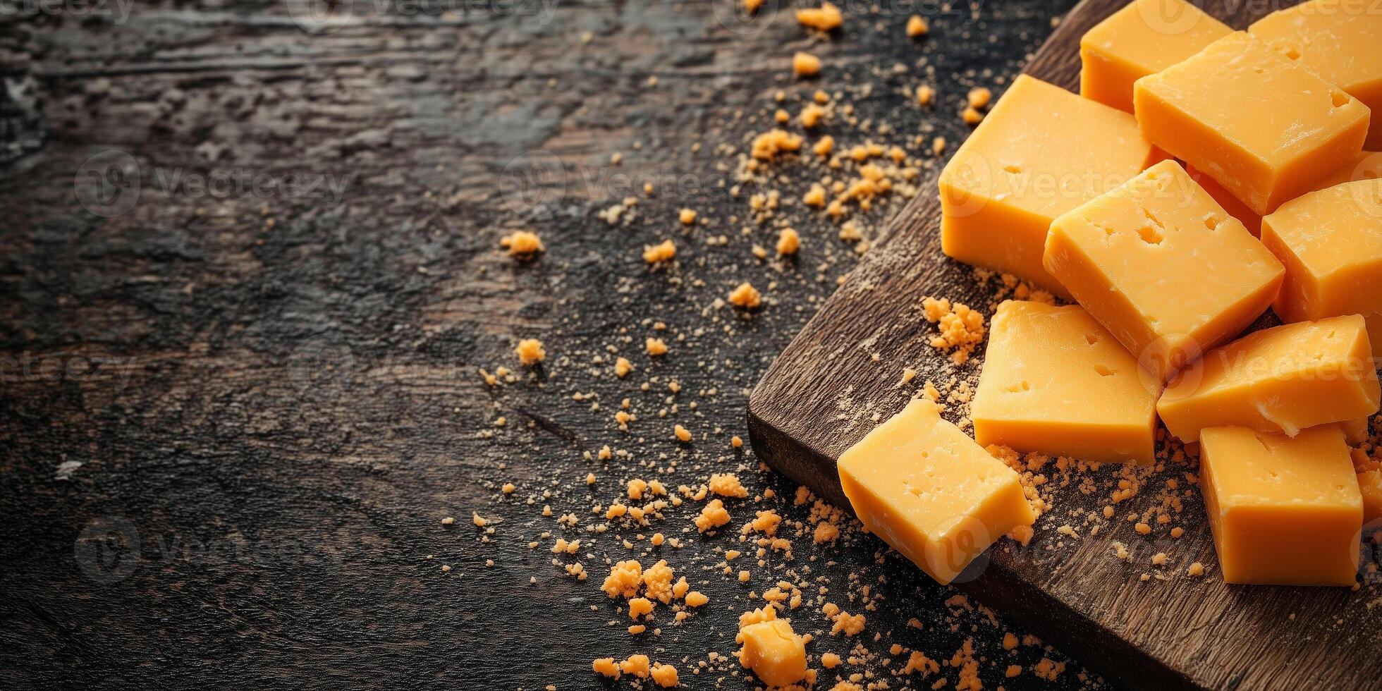 Close-up of cheddar cheese slices stacked neatly on flat surface with knife, photorealistic food photo
