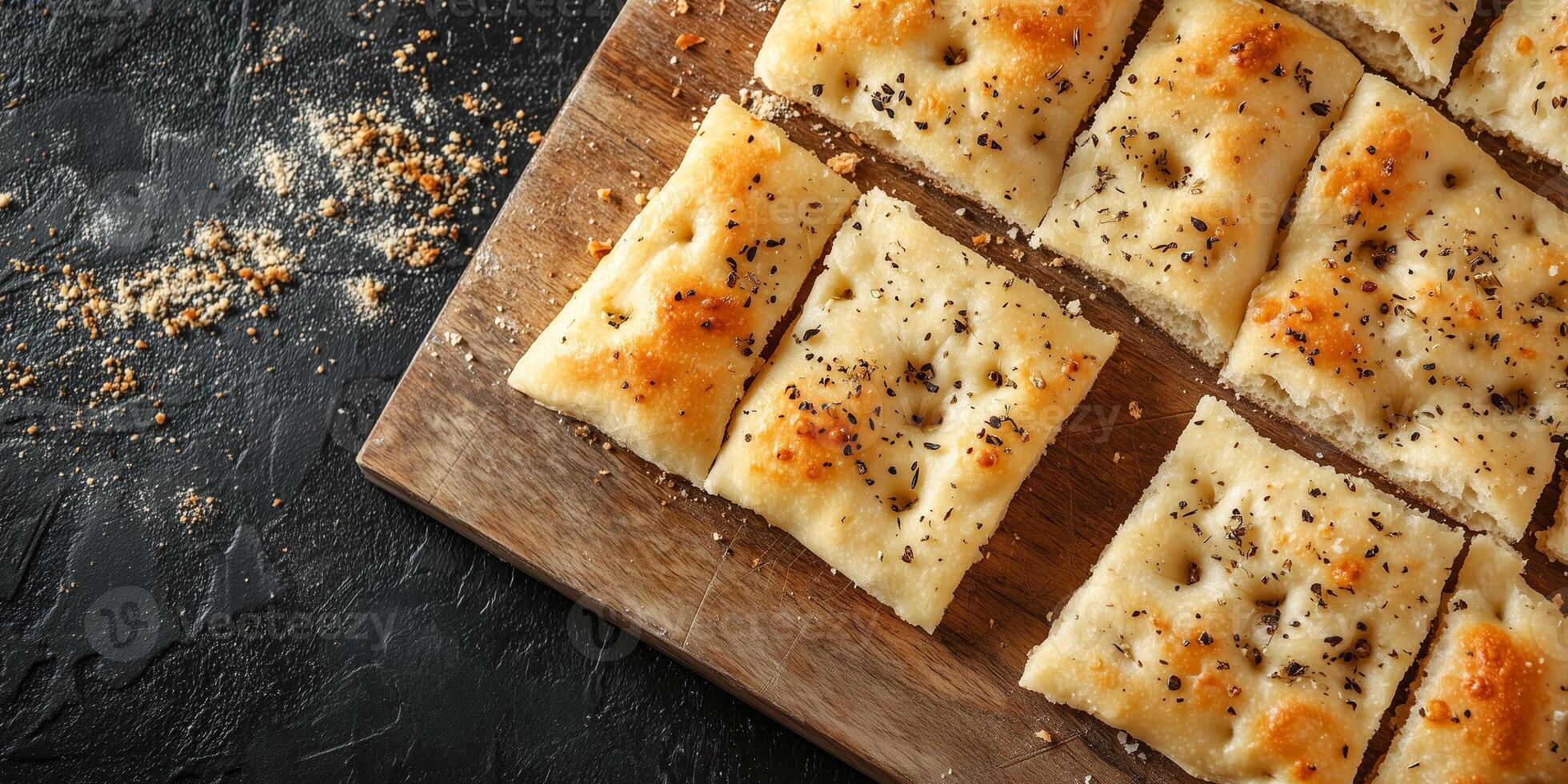 Close-up of focaccia slices stacked on wooden cutting board, photorealistic food photo