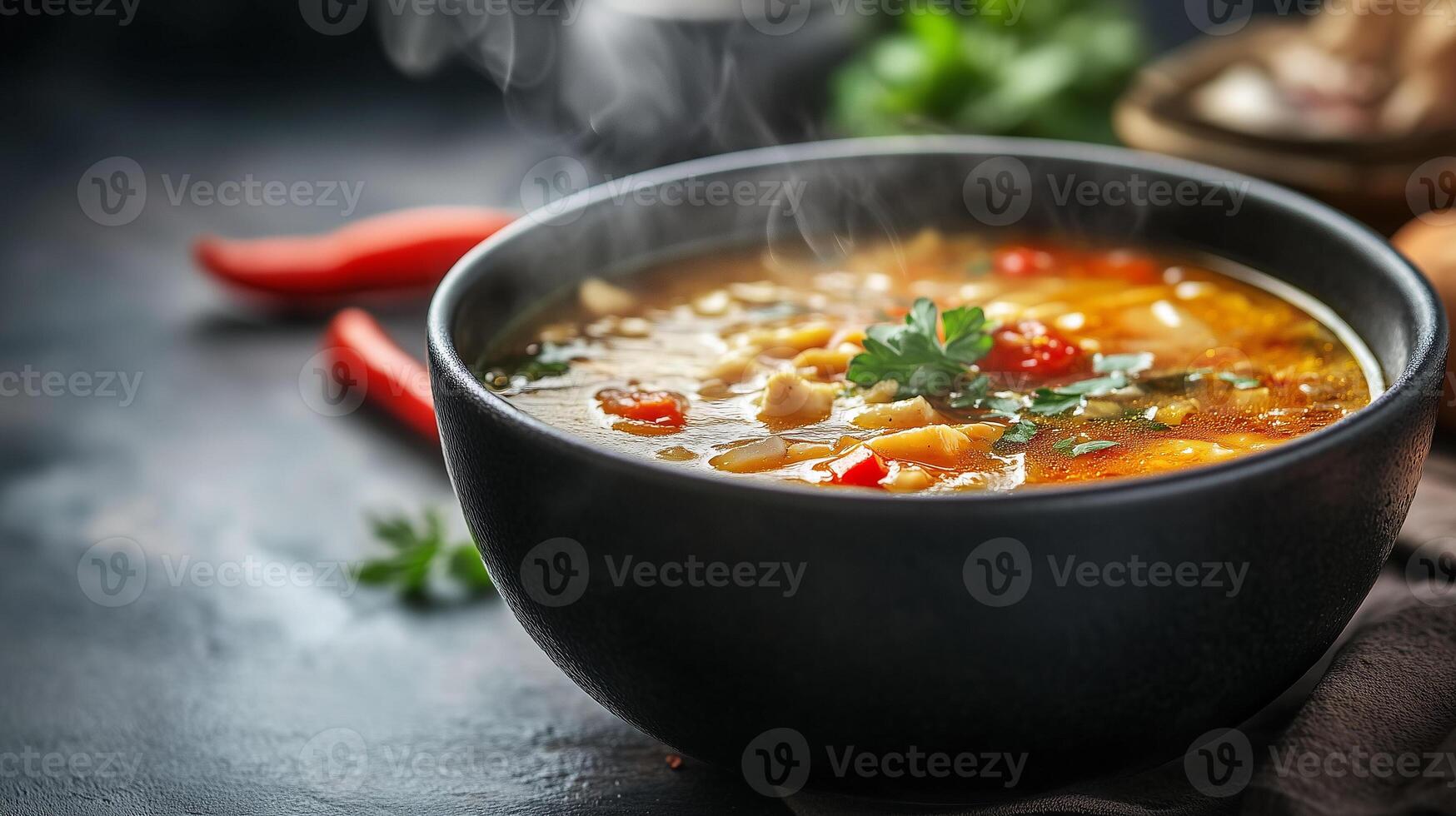 Deep bowl of steaming soup with slightly disturbed surface, gastronomy photography photo