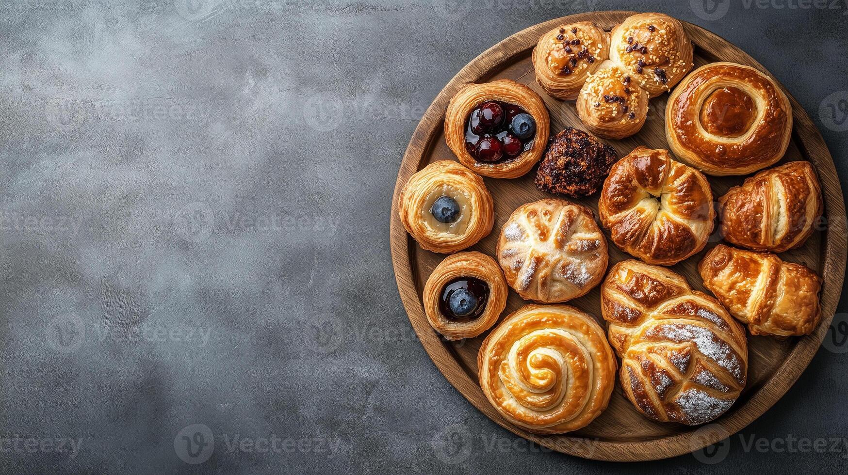Top-down view of pastry assortment on a round wooden tray, photorealistic food photo