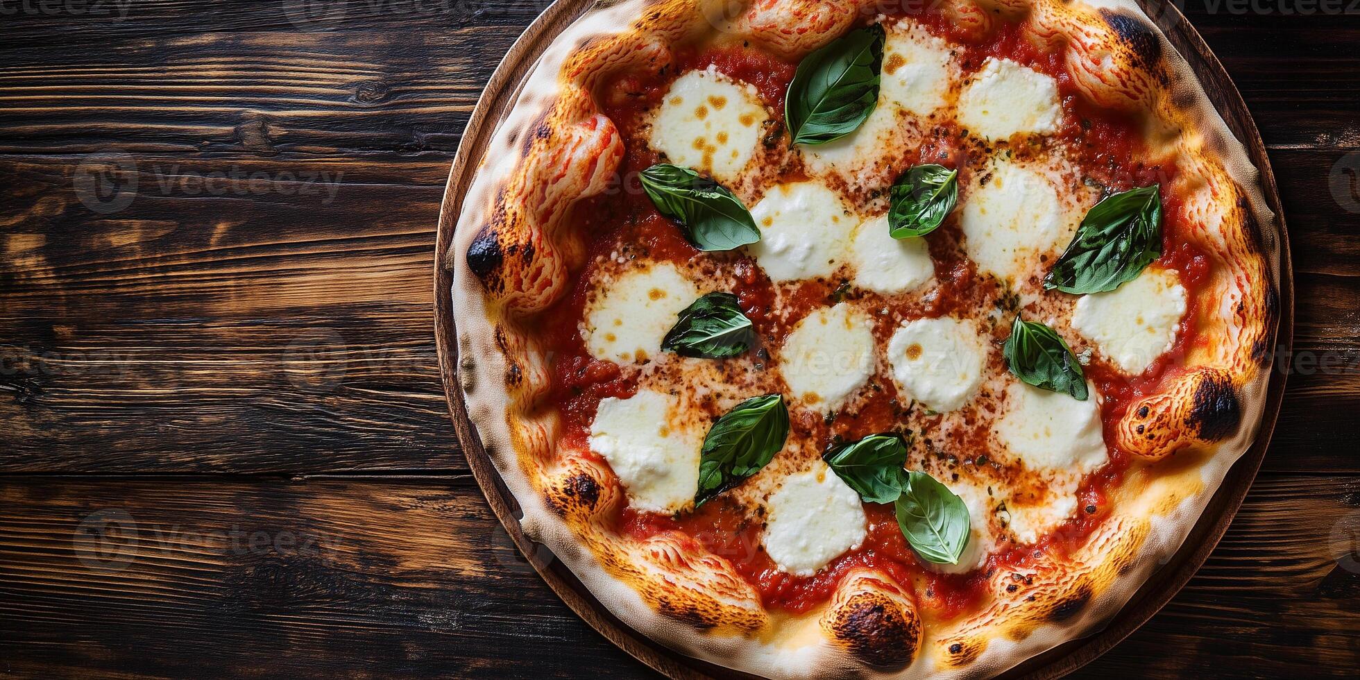 Top-down view of Margherita pizza with toppings arranged in a classic pattern, photorealistic food photo