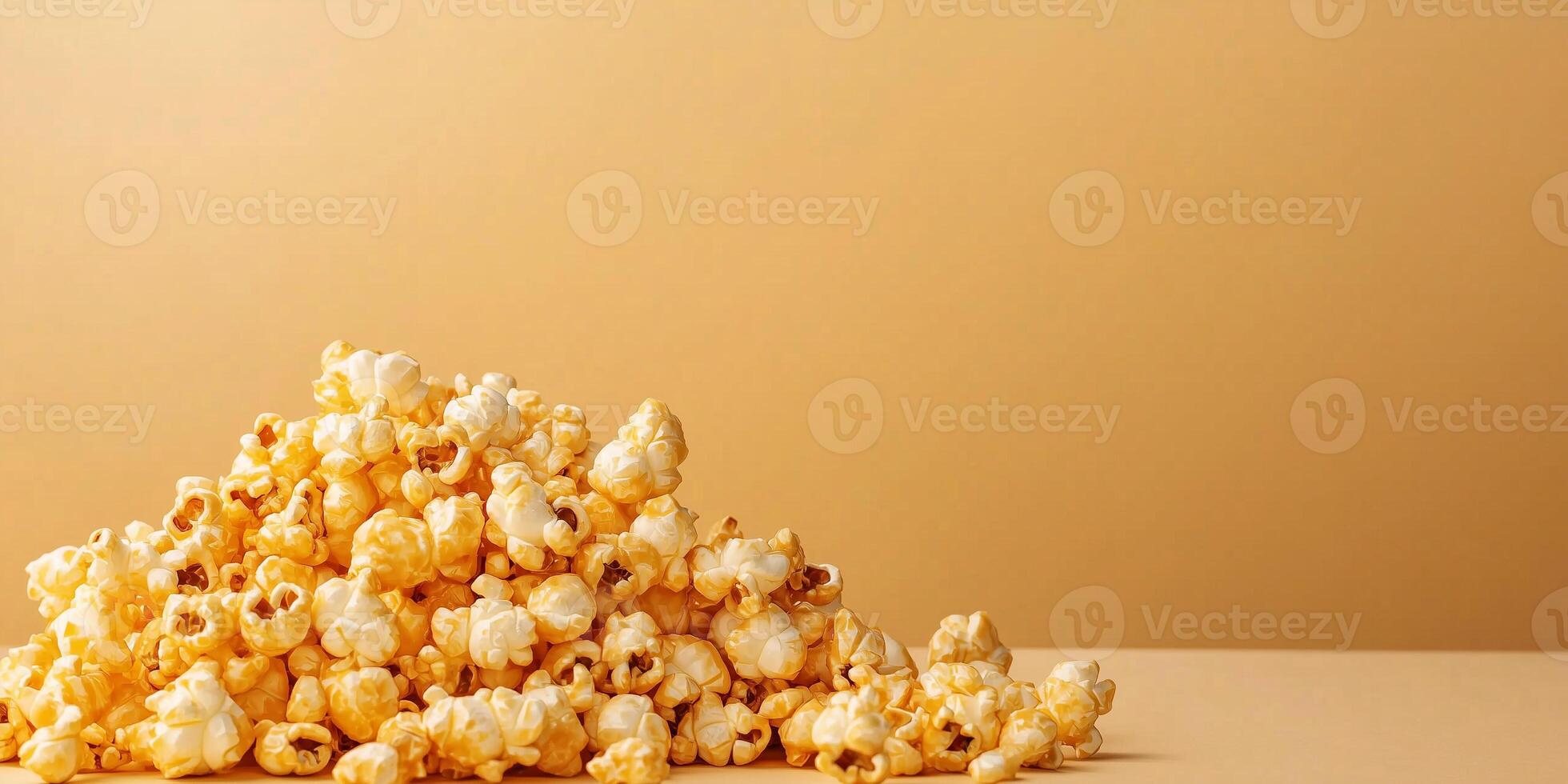 Caramel corn piled high, with coated popcorn arranged on a plain background, photorealistic food photo
