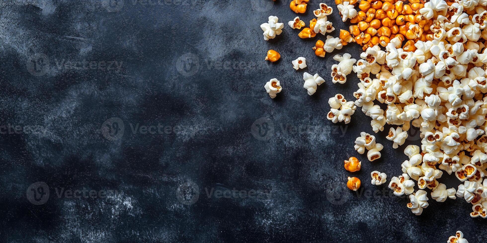 Buttered popcorn scattered on a flat surface with popped kernels visible, gastronomy photography photo