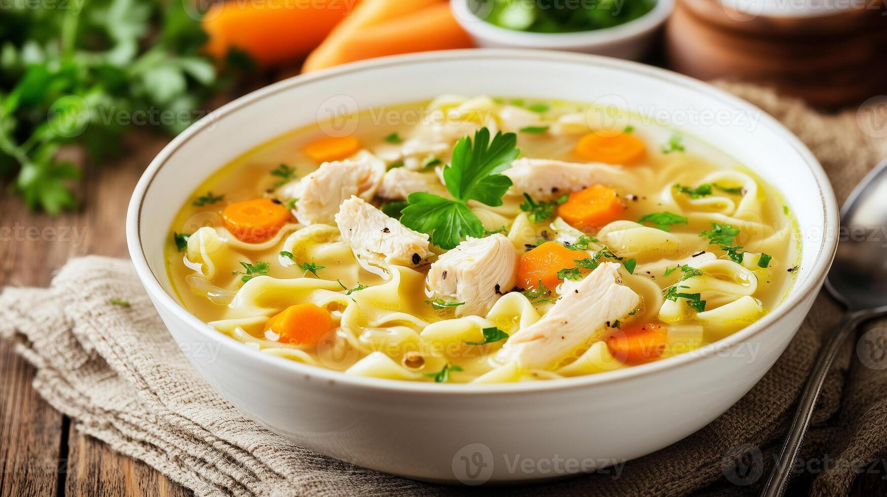 Chicken noodle soup in a dish with visible chicken, noodles, and vegetables, gastronomy photography photo