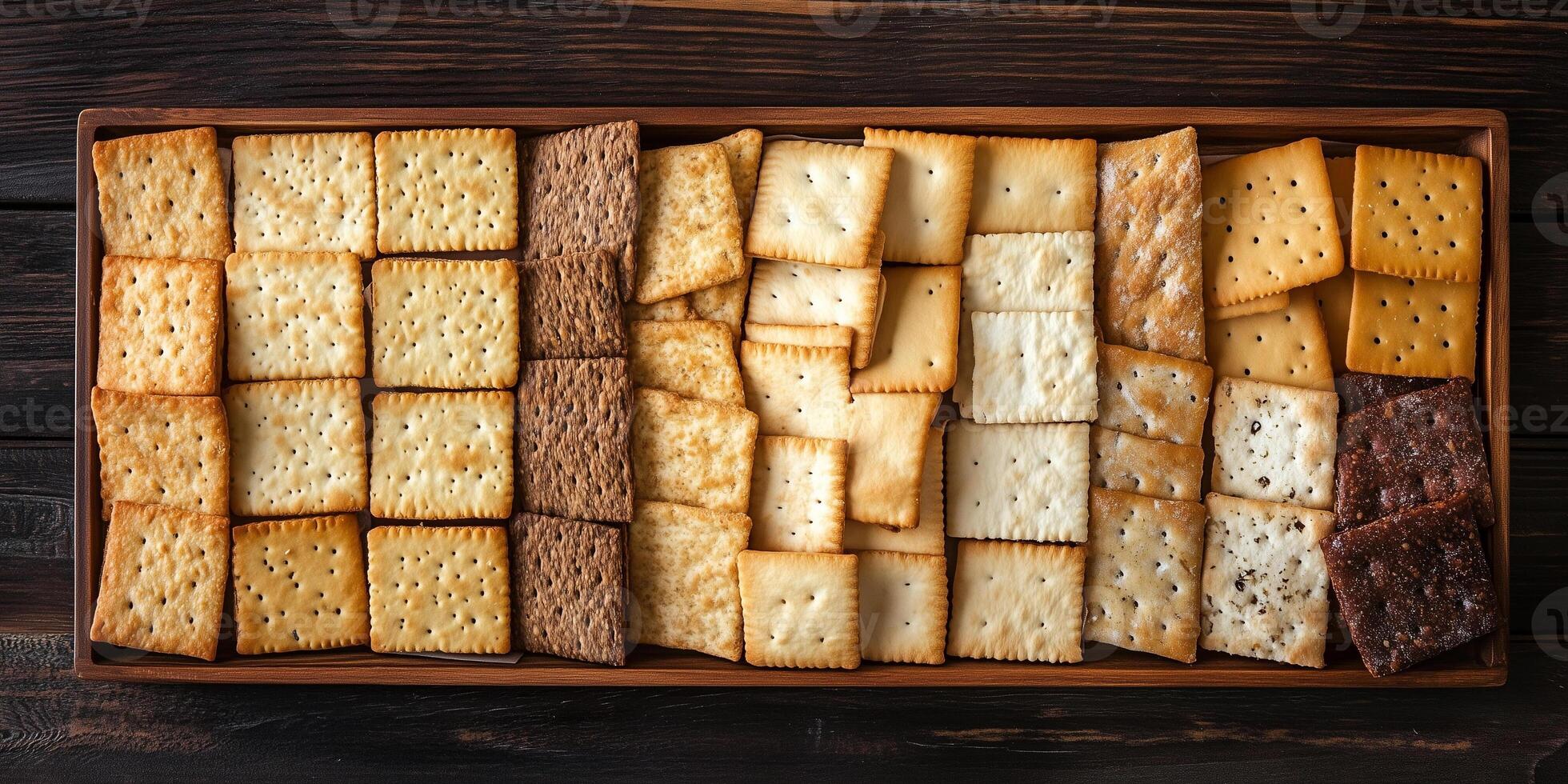 Crackers displayed evenly on a long, rectangular tray, meal photography photo