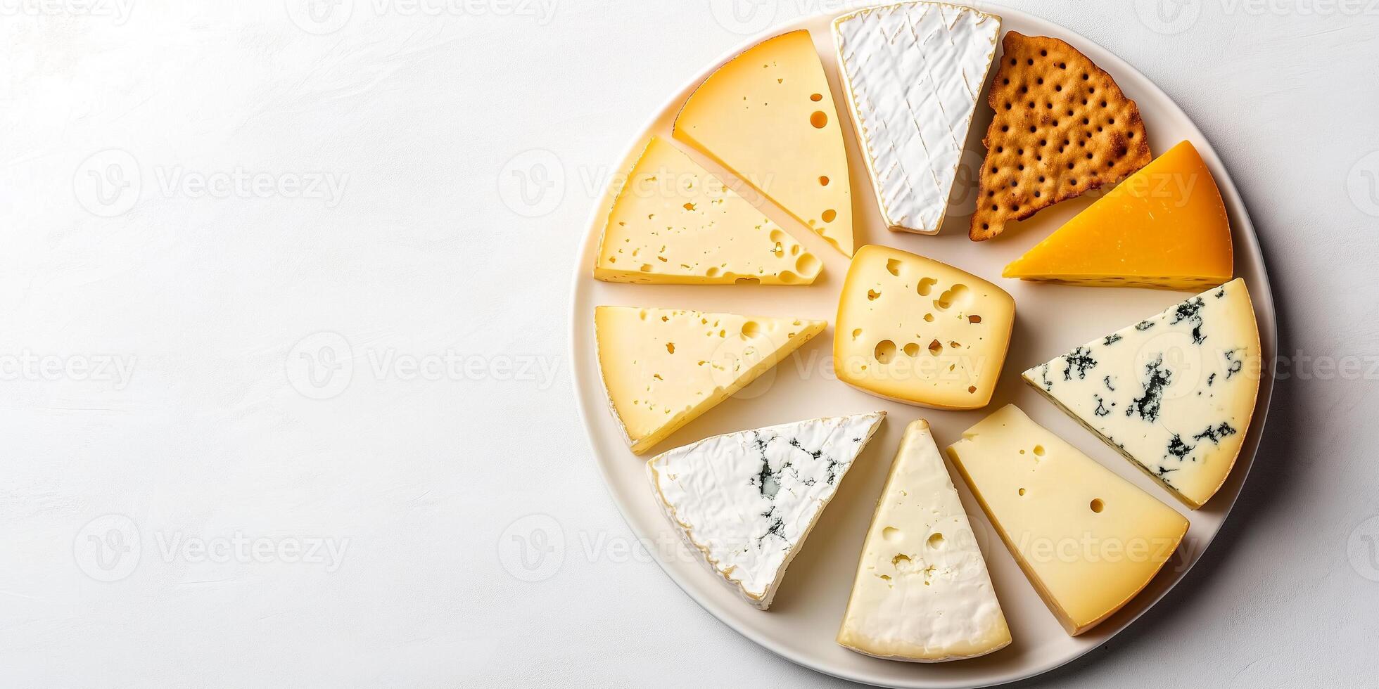 Collection of cheeses arranged in an organized pattern on a white plate, food setting photo