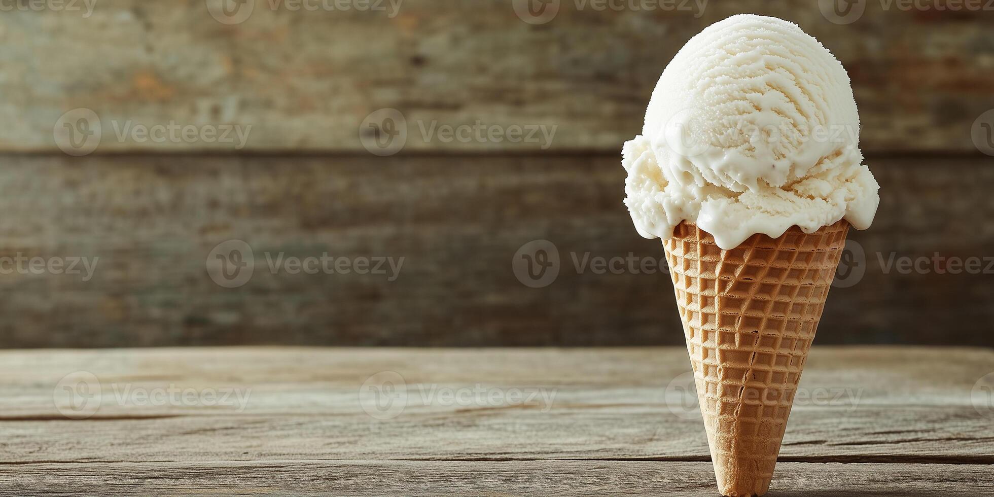 Cone filled with ice cream, placed upright on a wooden table, slightly leaning, food setting photo