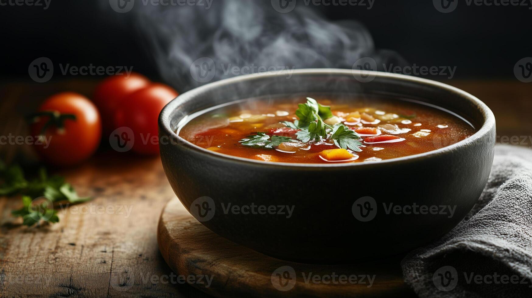 Deep bowl of steaming soup with slightly disturbed surface, meal photography photo
