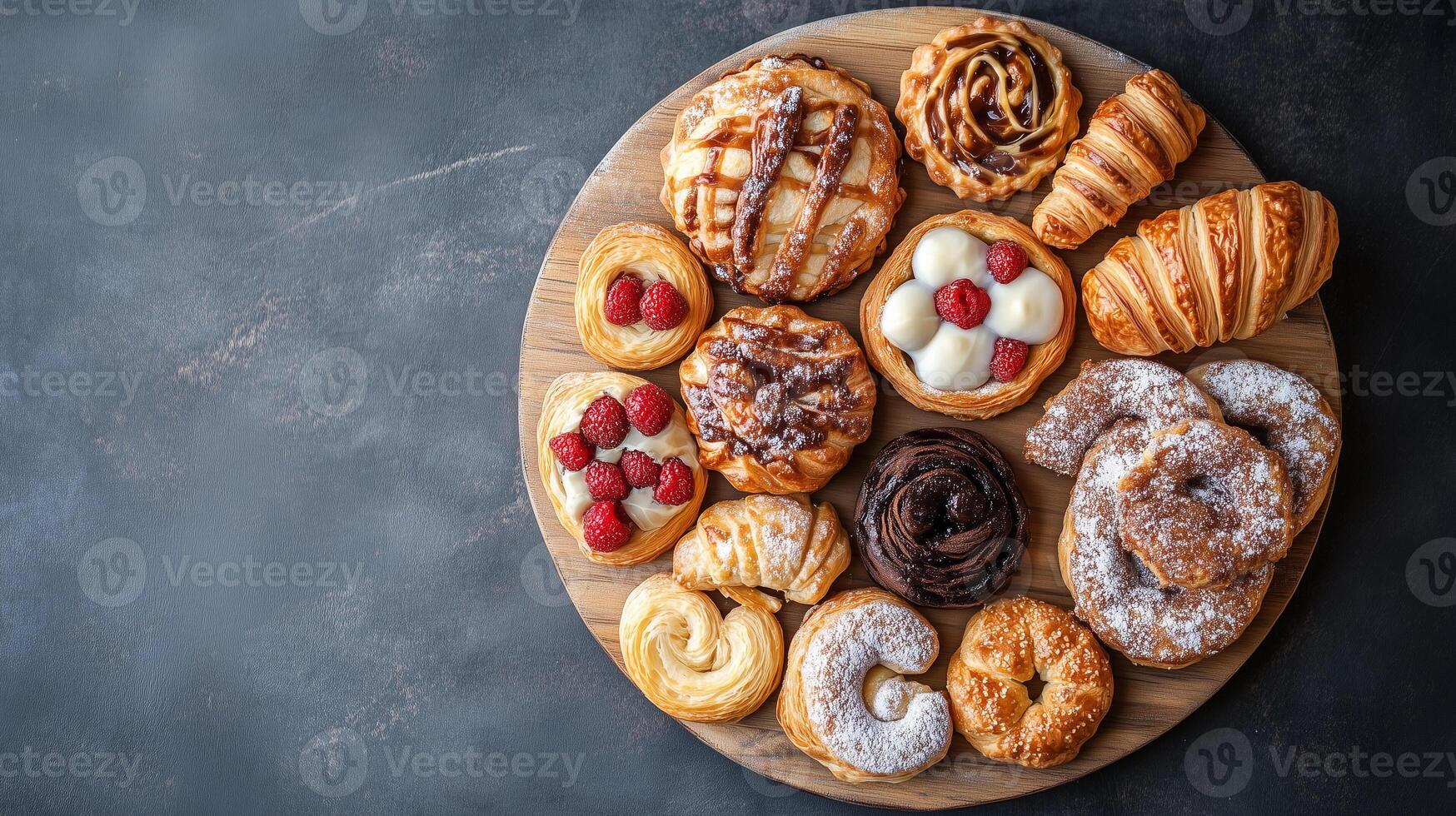 Top-down view of pastry assortment on a round wooden tray, food setting photo