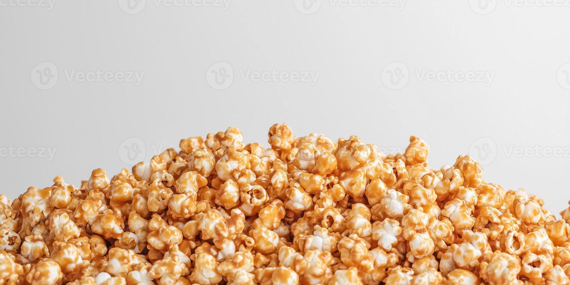 Caramel corn piled high, with coated popcorn arranged on a plain background, meal photography photo