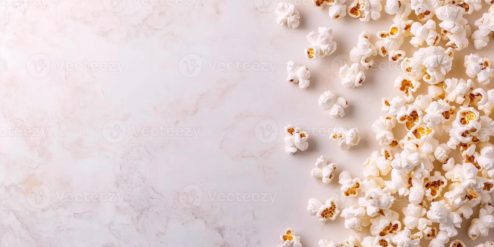 Buttered popcorn scattered on a flat surface with popped kernels visible, food setting photo