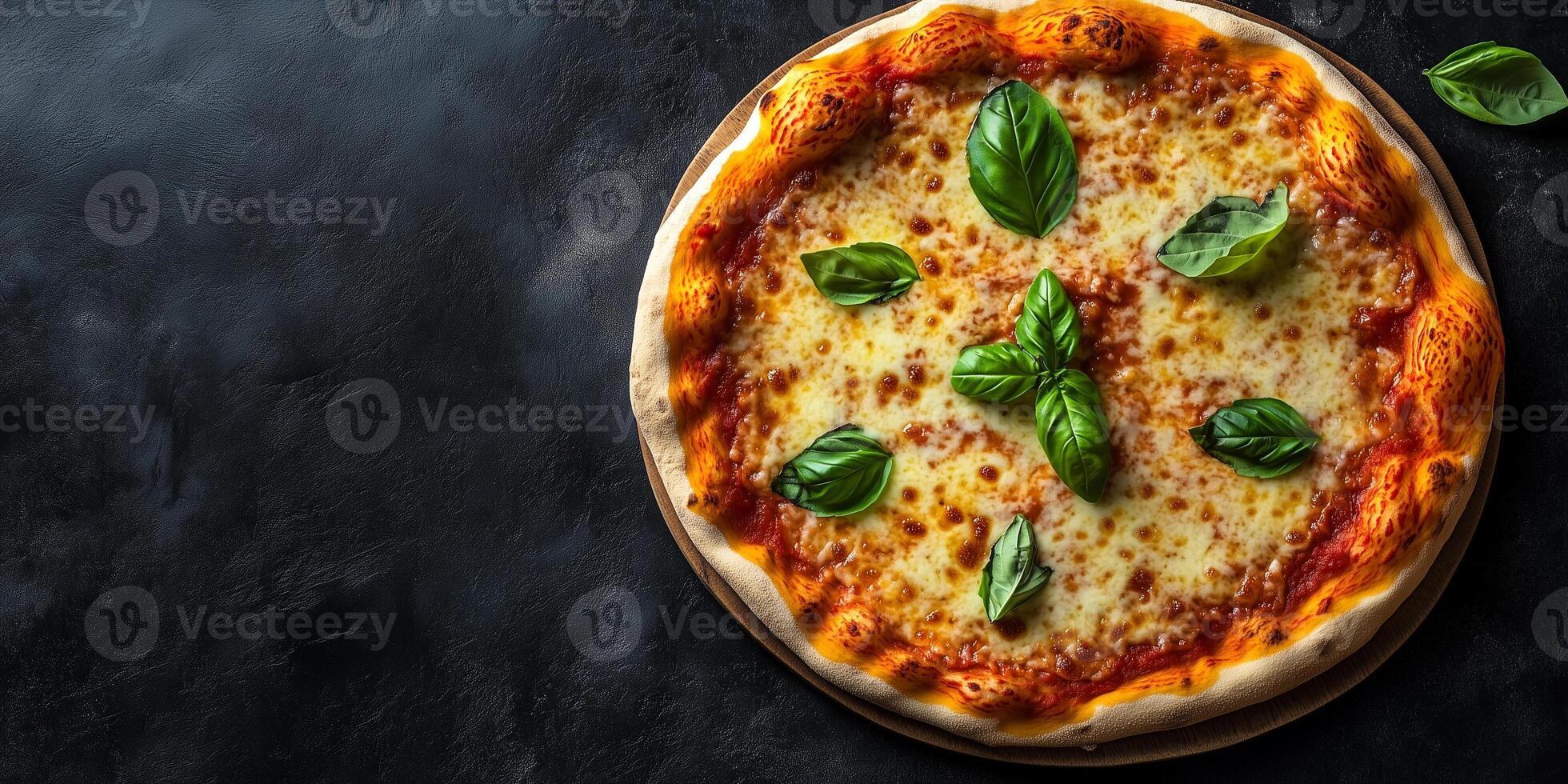 Top-down view of Margherita pizza with toppings arranged in a classic pattern, meal photography photo