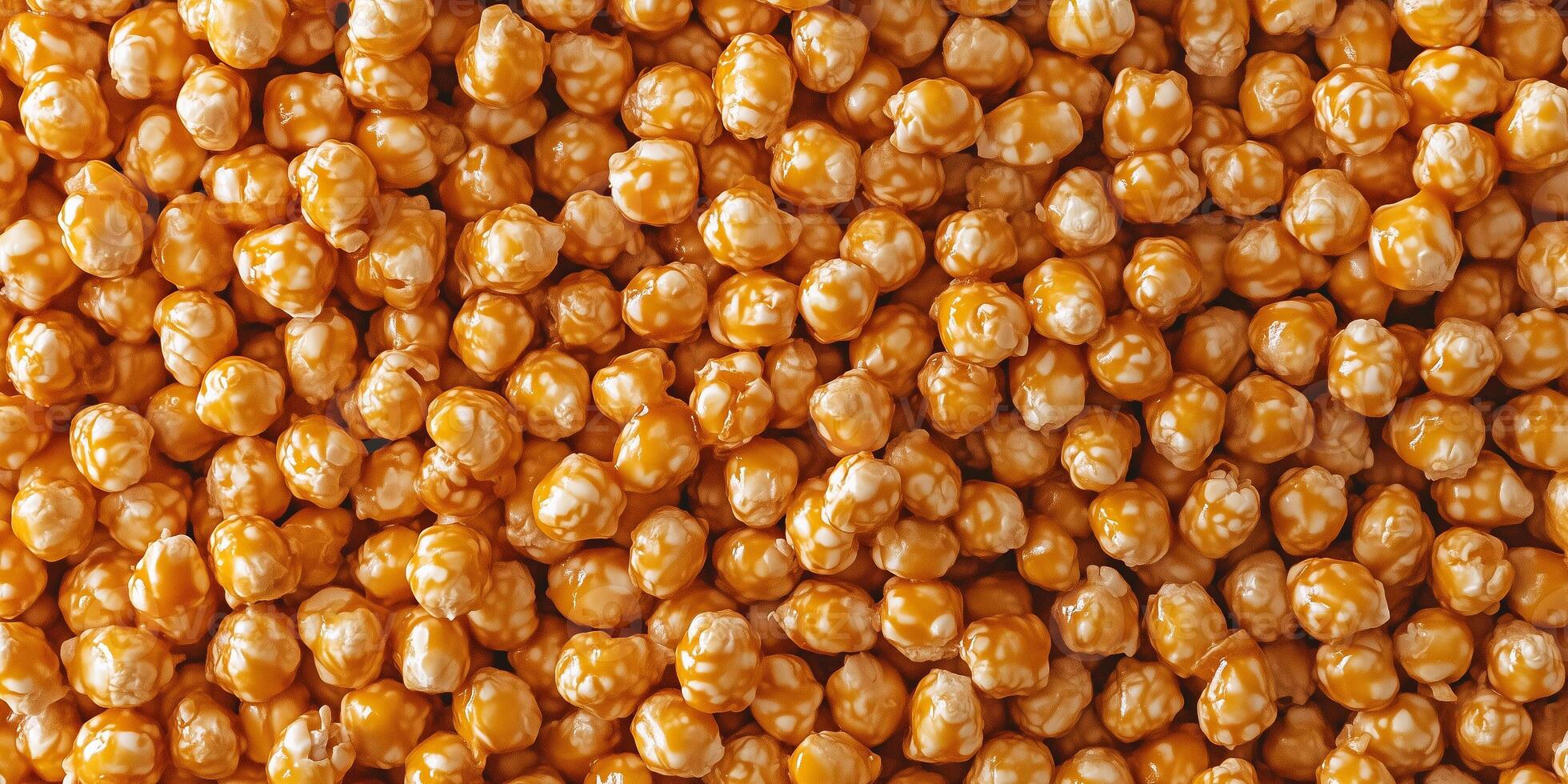 Caramel corn arranged on a plain surface, with individual coated kernels easily visible, food setting photo