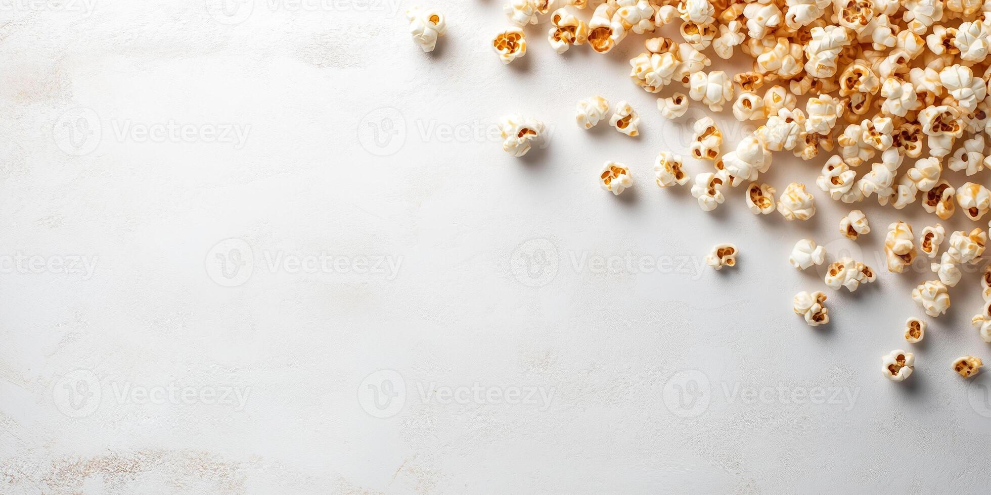 Caramel corn scattered on a flat surface, with coated popcorn kernels visible, meal photography photo