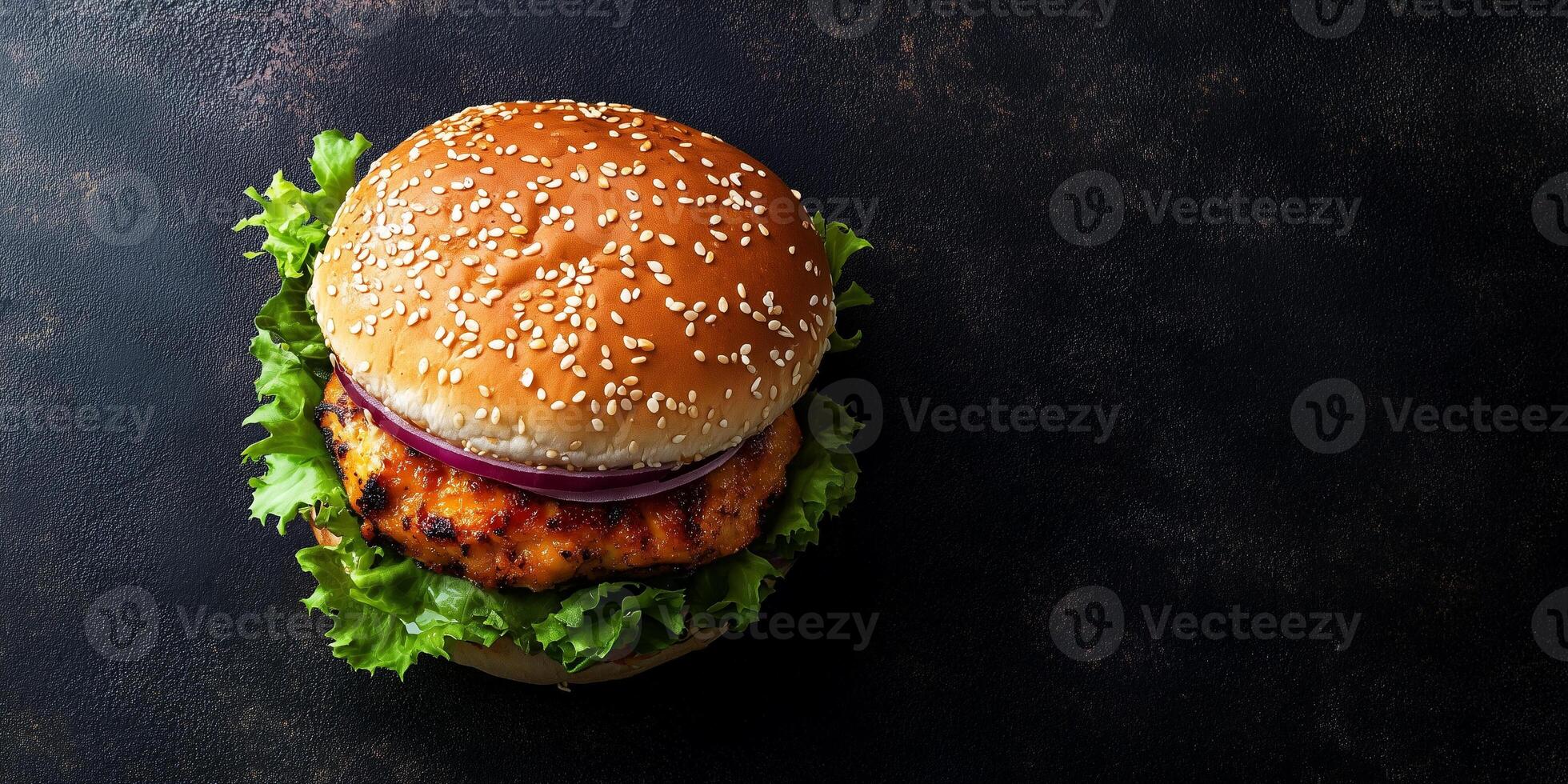 Chicken burger with visible fillings, resting flat on a clean surface, food setting photo