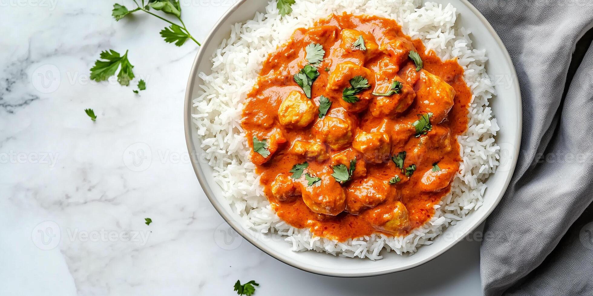 Chicken tikka masala with rice and garnished sauce, meal photography photo