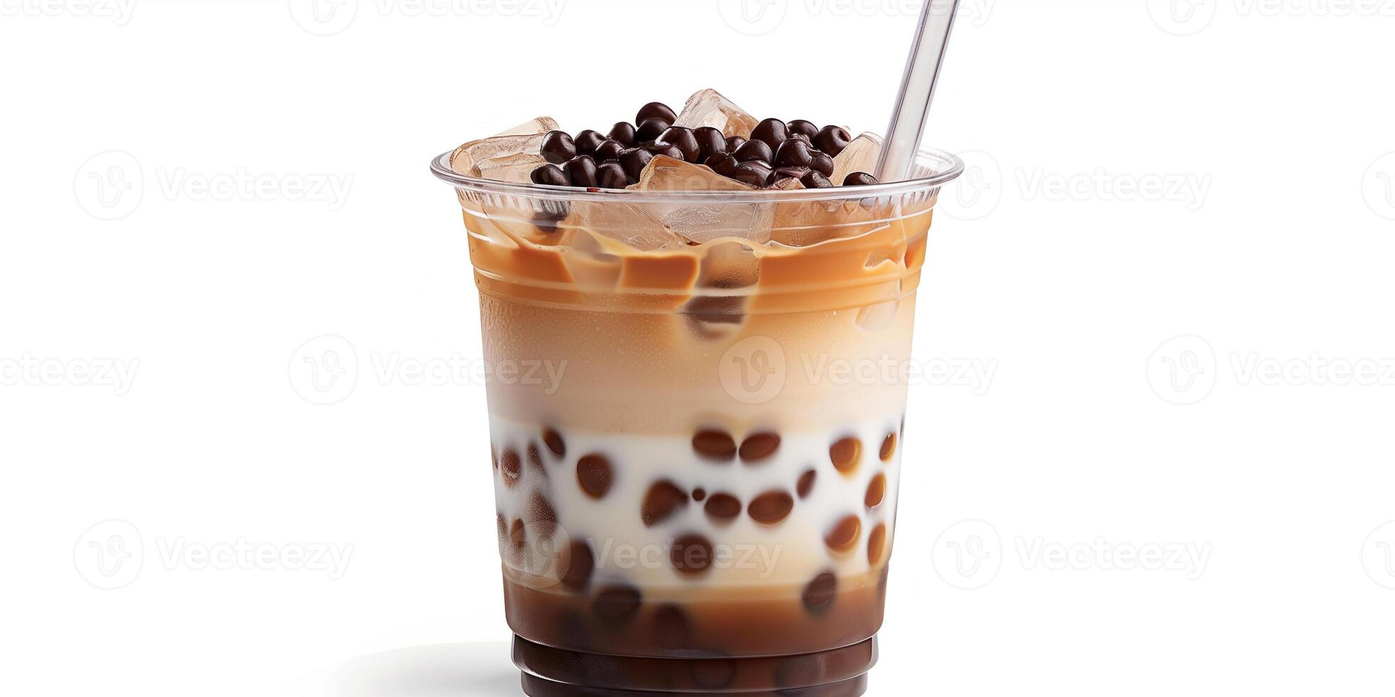 Clear cup showcasing layers of milk tea, ice, and tapioca pearls, with a wide straw, food photography photo