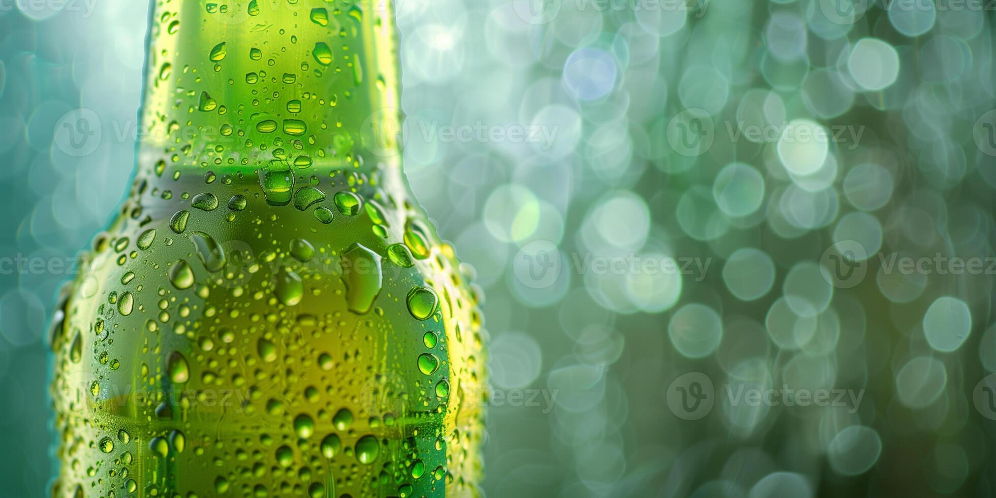 Clear bottle with green soda and condensation, food photography photo