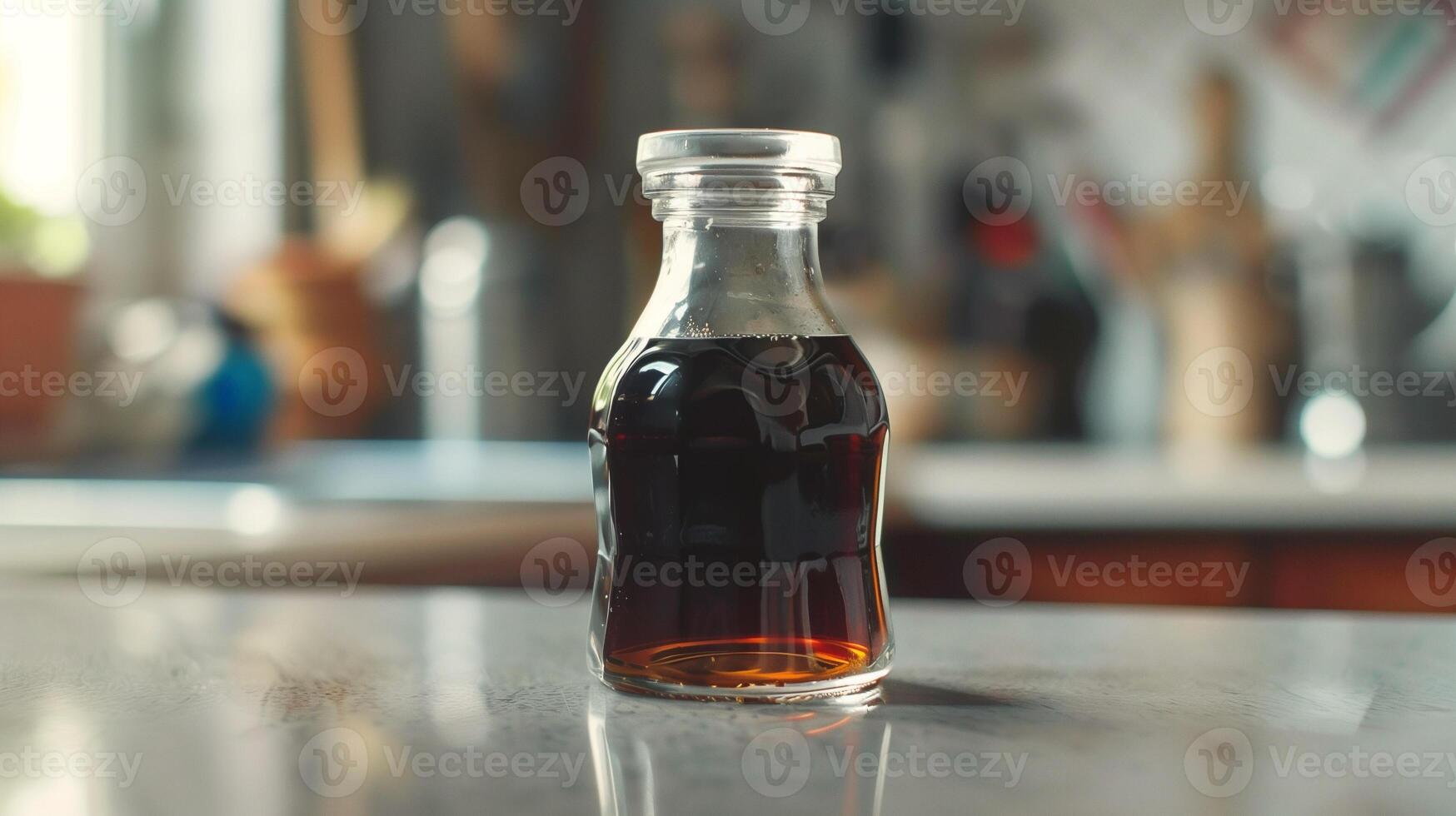 Clear glass jar filled with rich, dark syrup stands on a smooth countertop, food photography photo