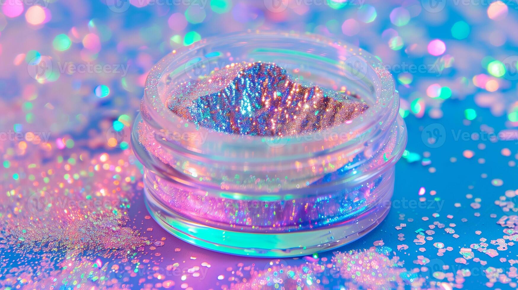 Clear container of iridescent edible glitter with some glitter sprinkled nearby, culinary photography photo