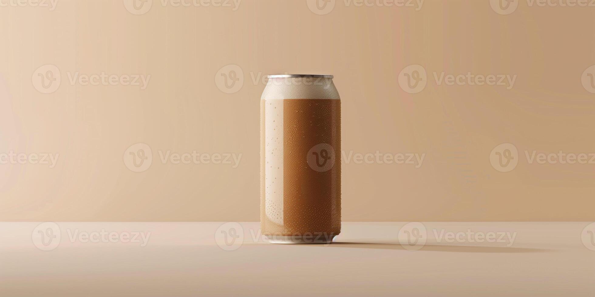 Closed can of iced coffee, displaying the label and branding, against a simple background, culinary photography photo