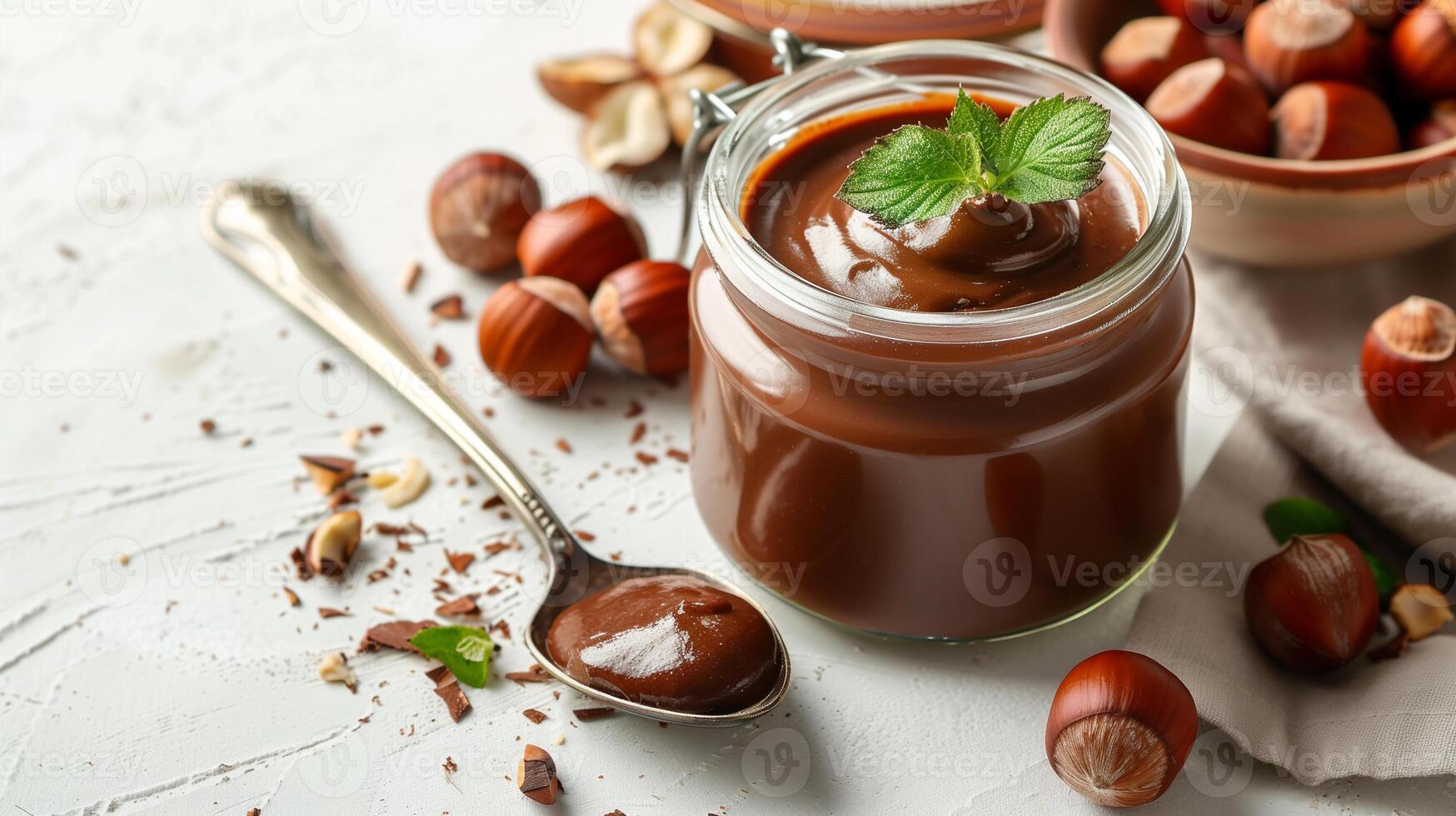 Clear jar of hazelnut spread on white background with metal spoon beside it, food photography photo