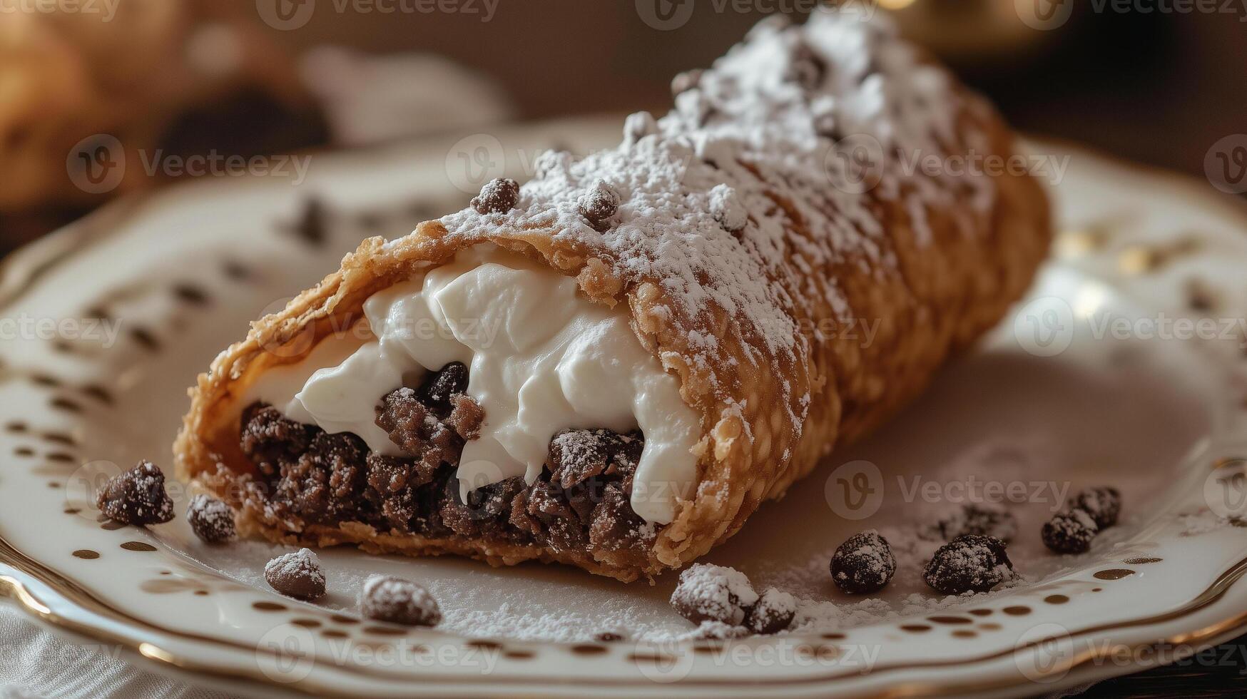 Close-up of a cannolo on a plate, displaying the contrast between the filling and the shell, food photography photo