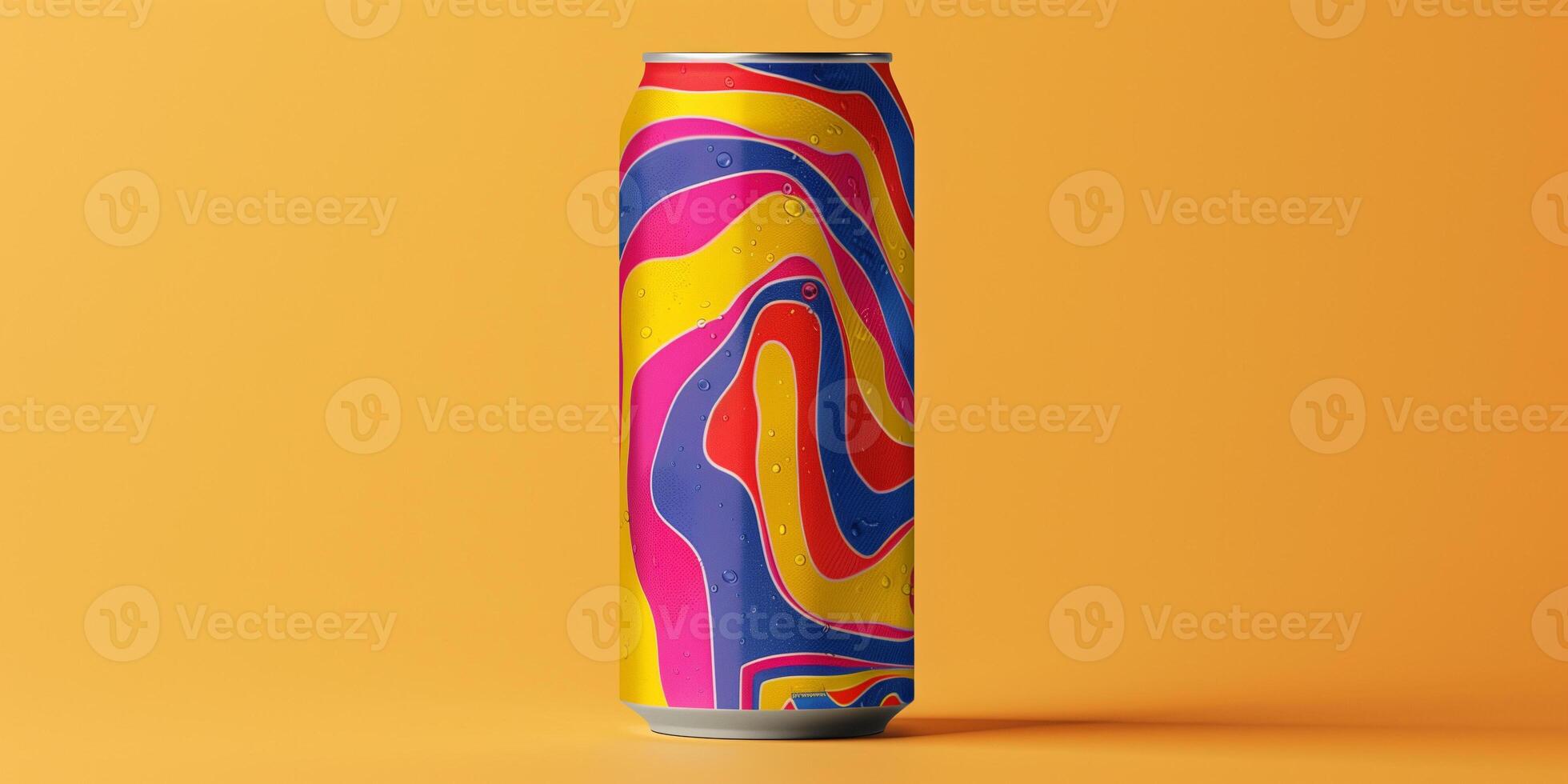 Closed can of energy drink featuring bold branding and a colorful design, placed on a plain background, food photography photo