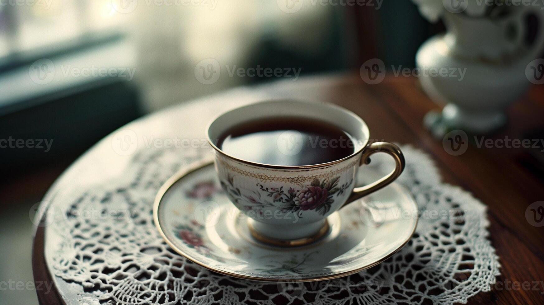 Classic tea setup with saucer and dark liquid on a lace doily, gastronomy photography photo