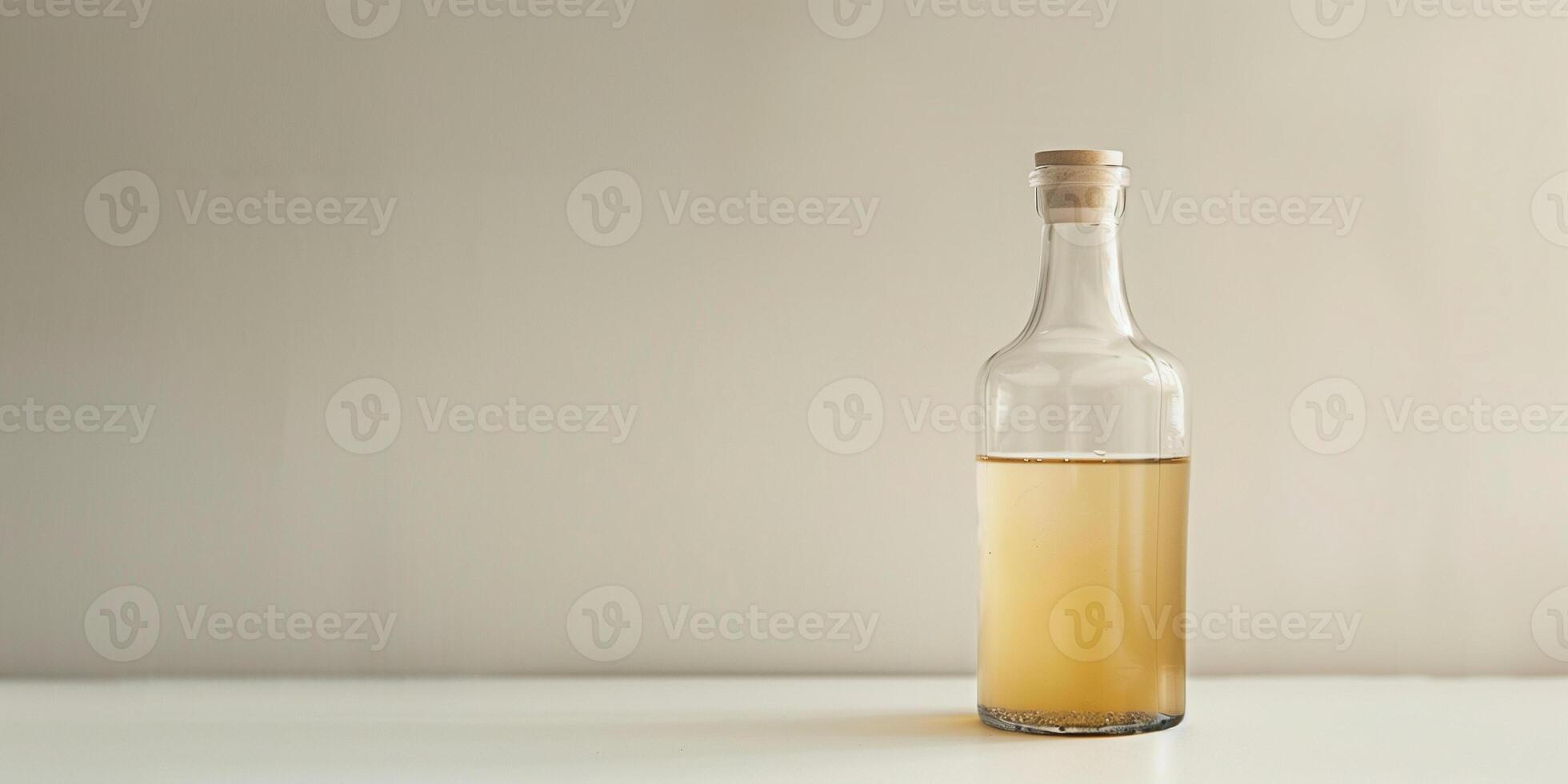 Clear bottle of probiotic drink with light-colored liquid on white background, gastronomy photography photo