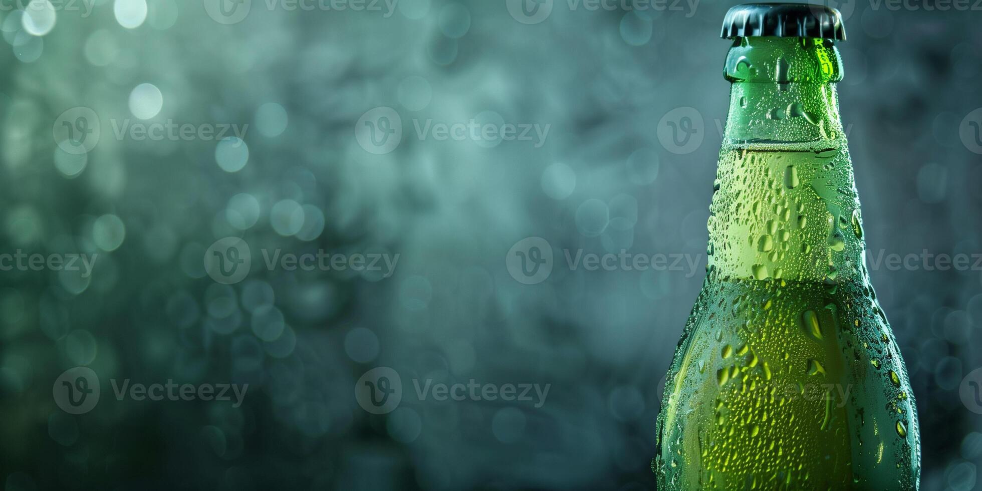 Clear bottle with green soda and condensation, photorealistic food photo