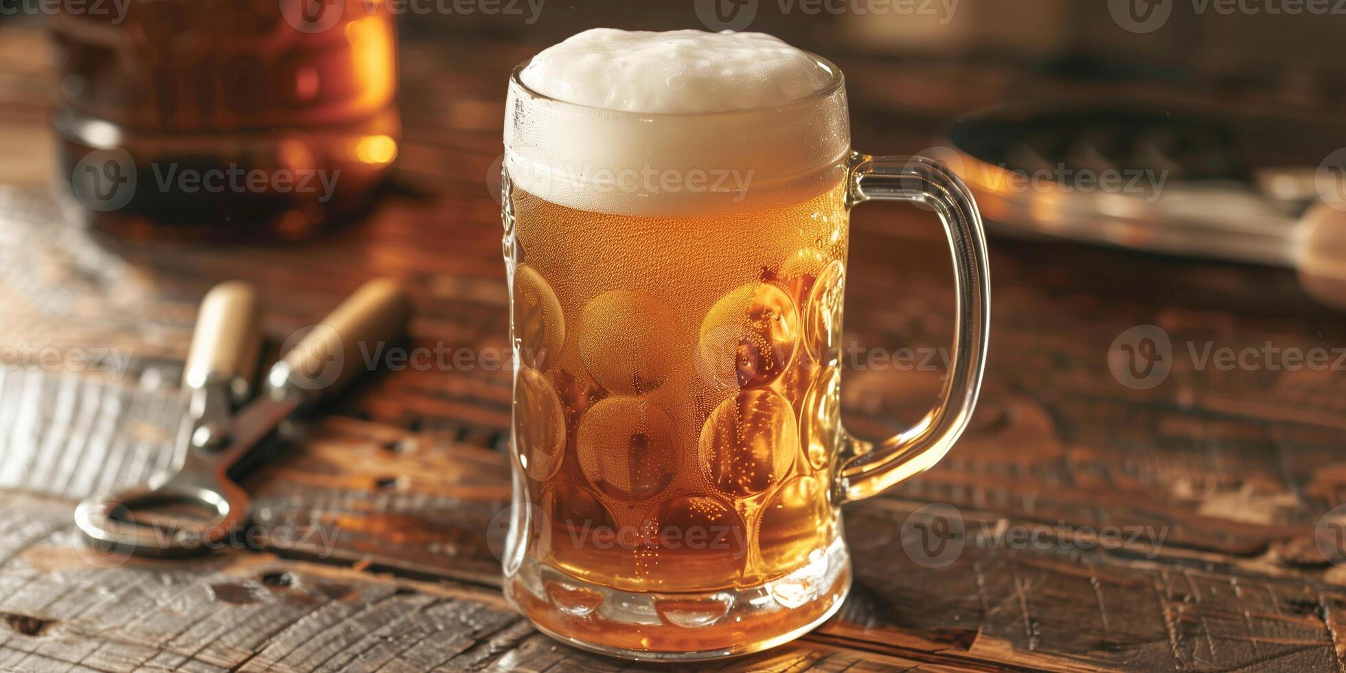 Clear glass mug of lager beer on a wooden table beside a bottle opener, photorealistic food photo