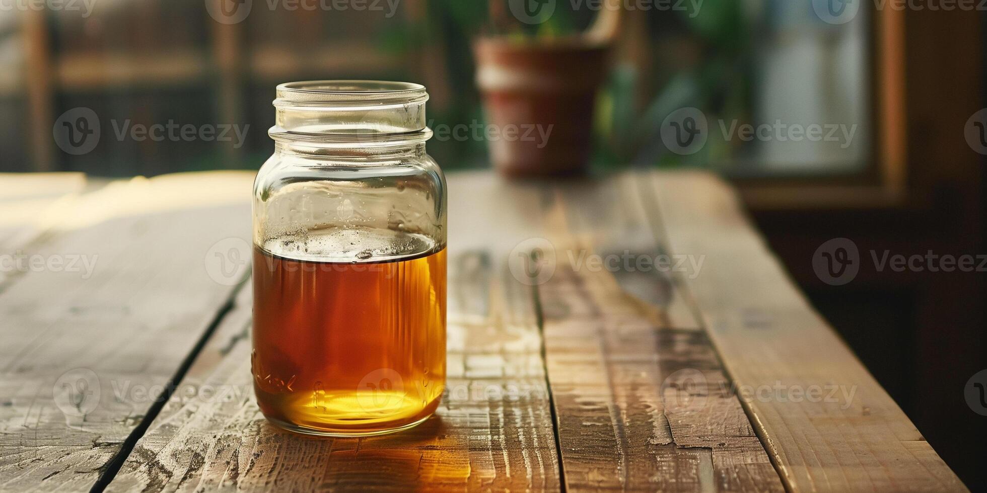 Clear glass jar with a screw cap, containing amber-colored kombucha, set on a wooden table, photorealistic food photo