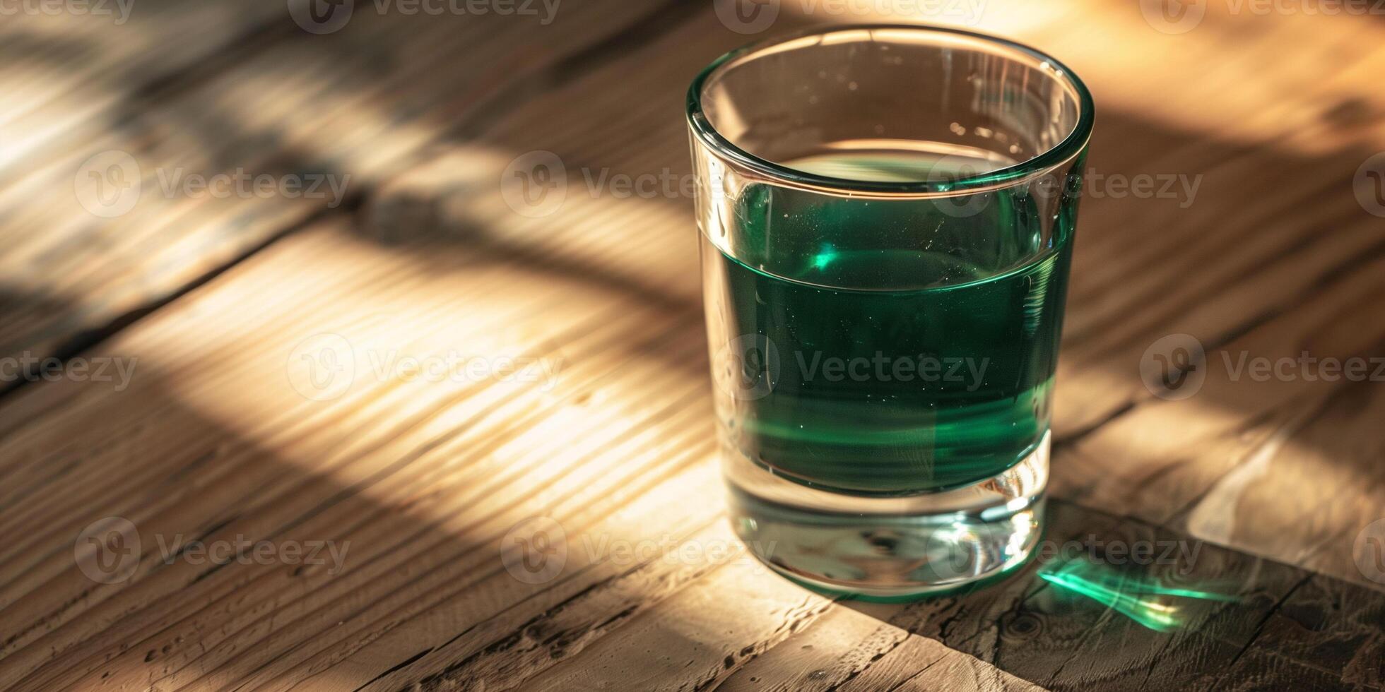 Clear glass filled with a dark green liquid, placed on a wooden surface, gastronomy photography photo